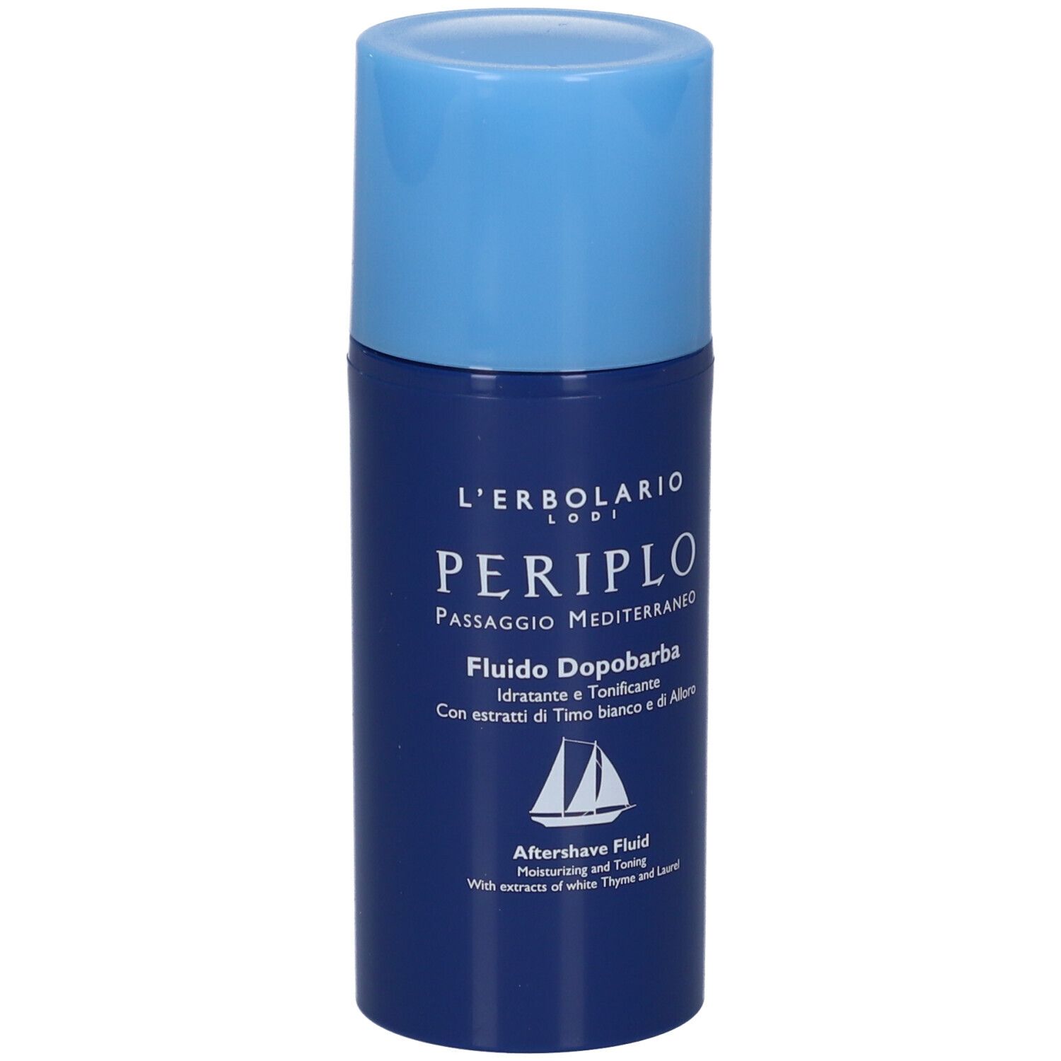 Flacone blu con tappo blu. Testo: L'Erbolario, Periplo, Fluido Dopobarba. Aftershave Fluid.