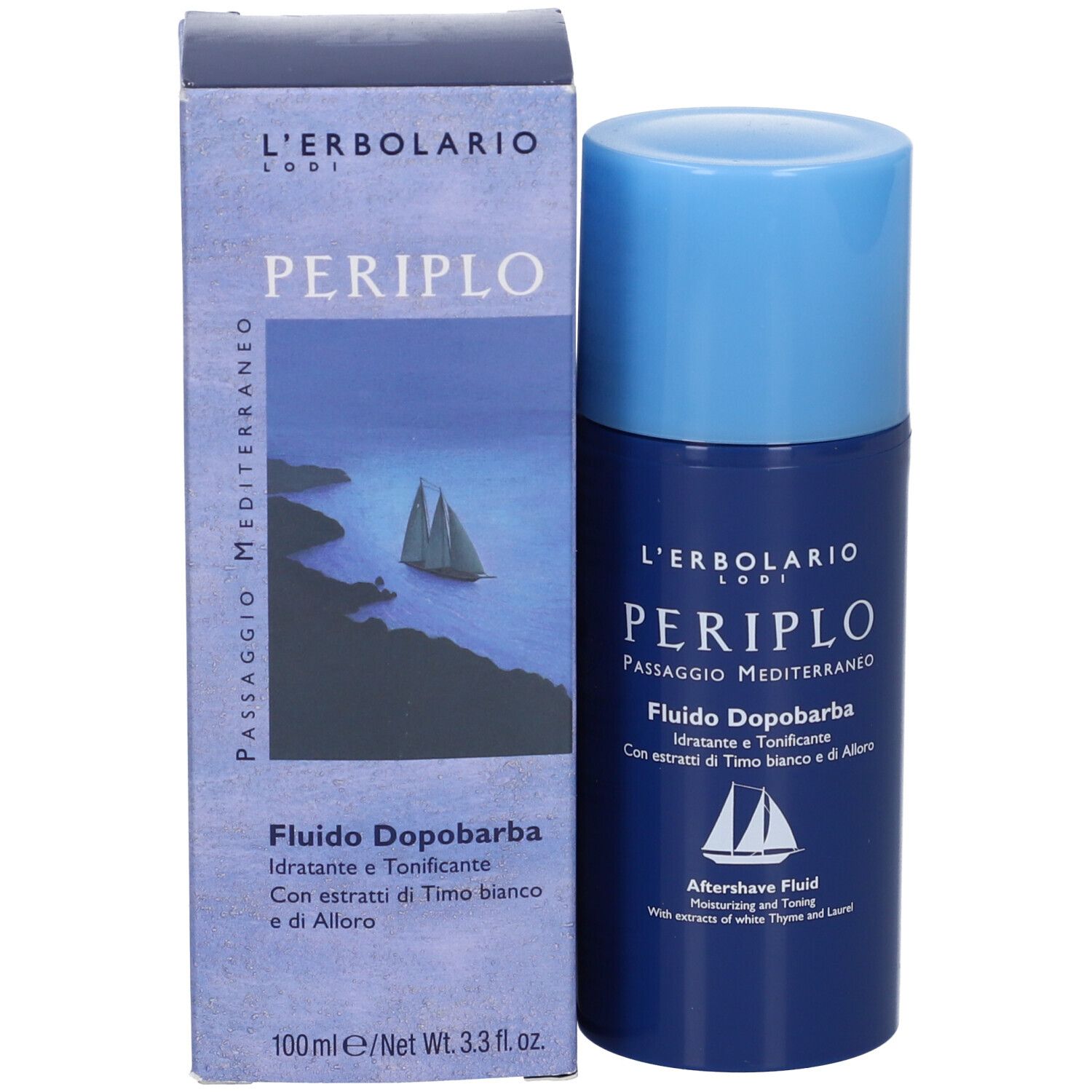 Prodotto e confezione. Flacone blu con tappo blu. Testo: L'Erbolario, Periplo, Fluido Dopobarba.