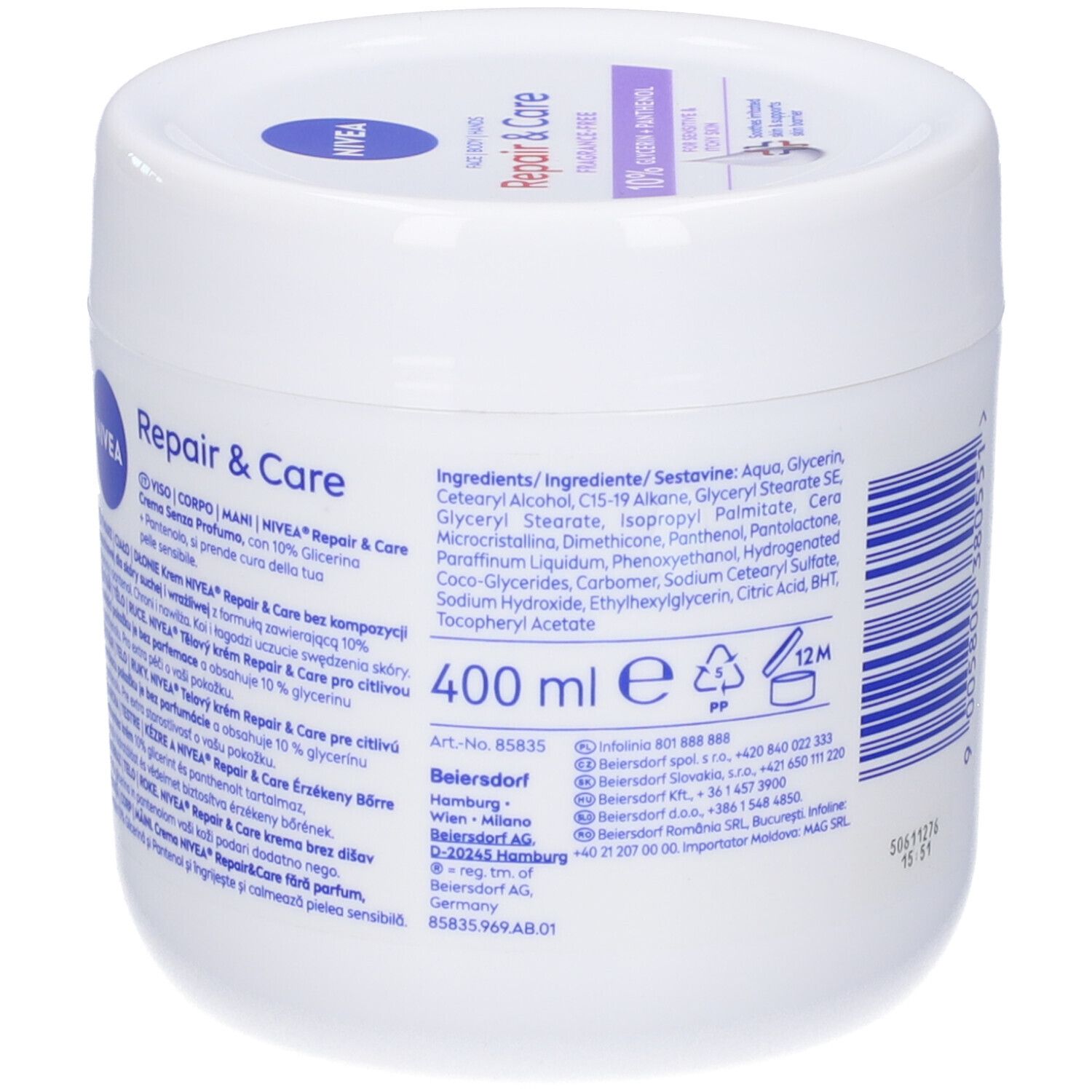 Nivea Crema Corpo Repair & Care 400 ml, Crema multiuso senza profumo per pelle sensibile e irritata