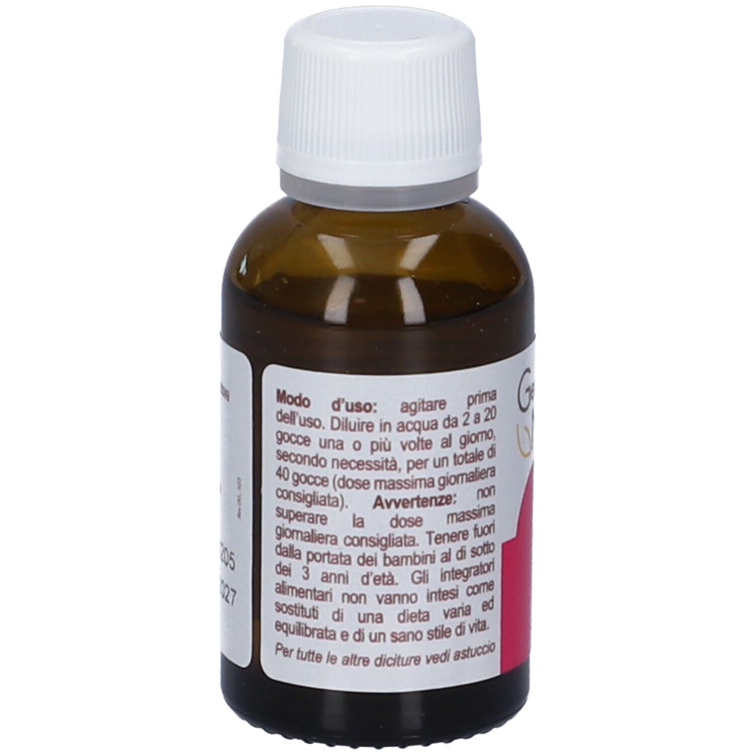 Retro di un flacone di vetro marrone con tappo bianco. Testo sull'etichetta con istruzioni per l'uso e avvertenze. Gemme di Micol.