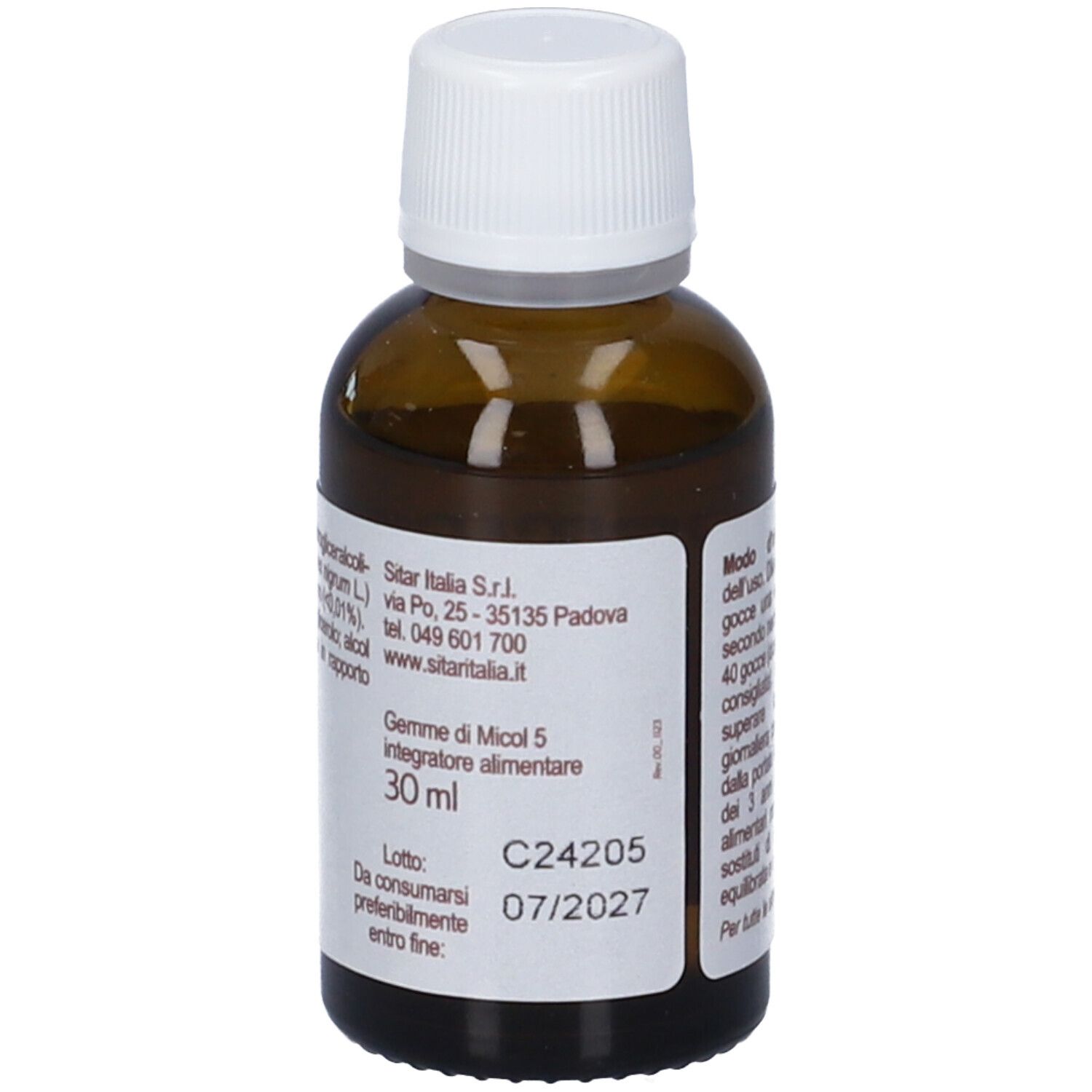Flacone di vetro marrone con tappo bianco. Etichetta con informazioni sul prodotto, indirizzo del produttore e numero di lotto. Gemme di Micol.
