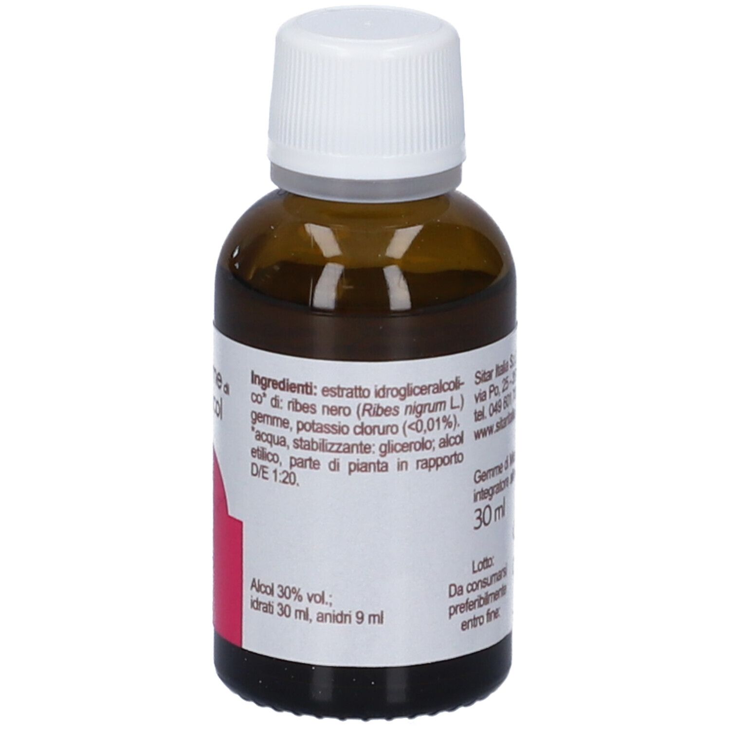 Flacone di vetro marrone con tappo bianco. Etichetta con ingredienti e informazioni sul prodotto. Gemme di Micol, 30 ml.