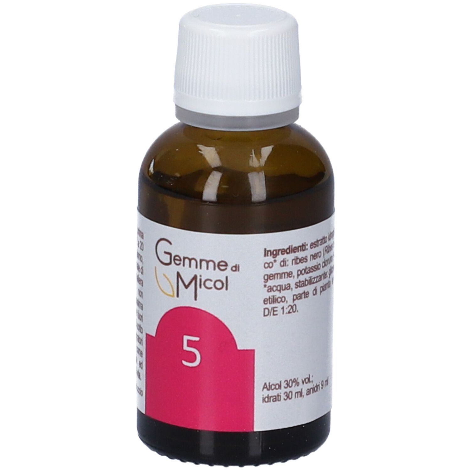 Flacone di vetro marrone con tappo bianco. Etichetta con nome del prodotto, numero 5 e riquadro rosa. Scritta: Gemme di Micol.