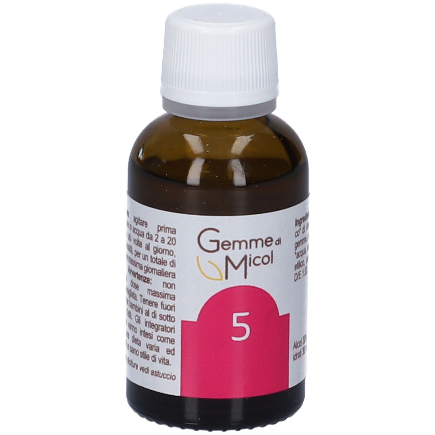 Flacone di vetro marrone con tappo bianco. Etichetta con nome del prodotto, numero 5 e riquadro rosa. Scritta: Gemme di Micol.