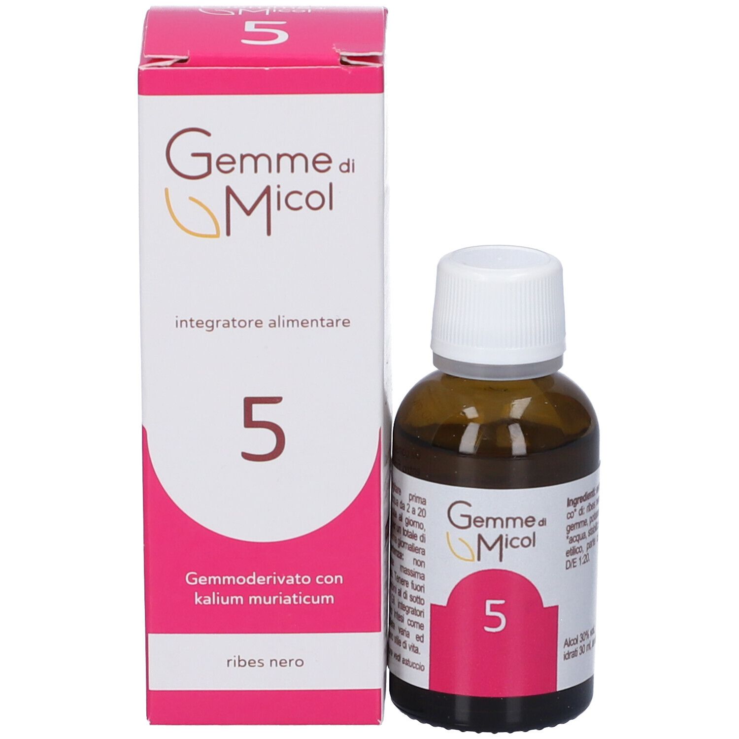 Flacone e confezione del prodotto. Scritta: Gemme di Micol, 5. Design rosa e bianco. Integratore alimentare.