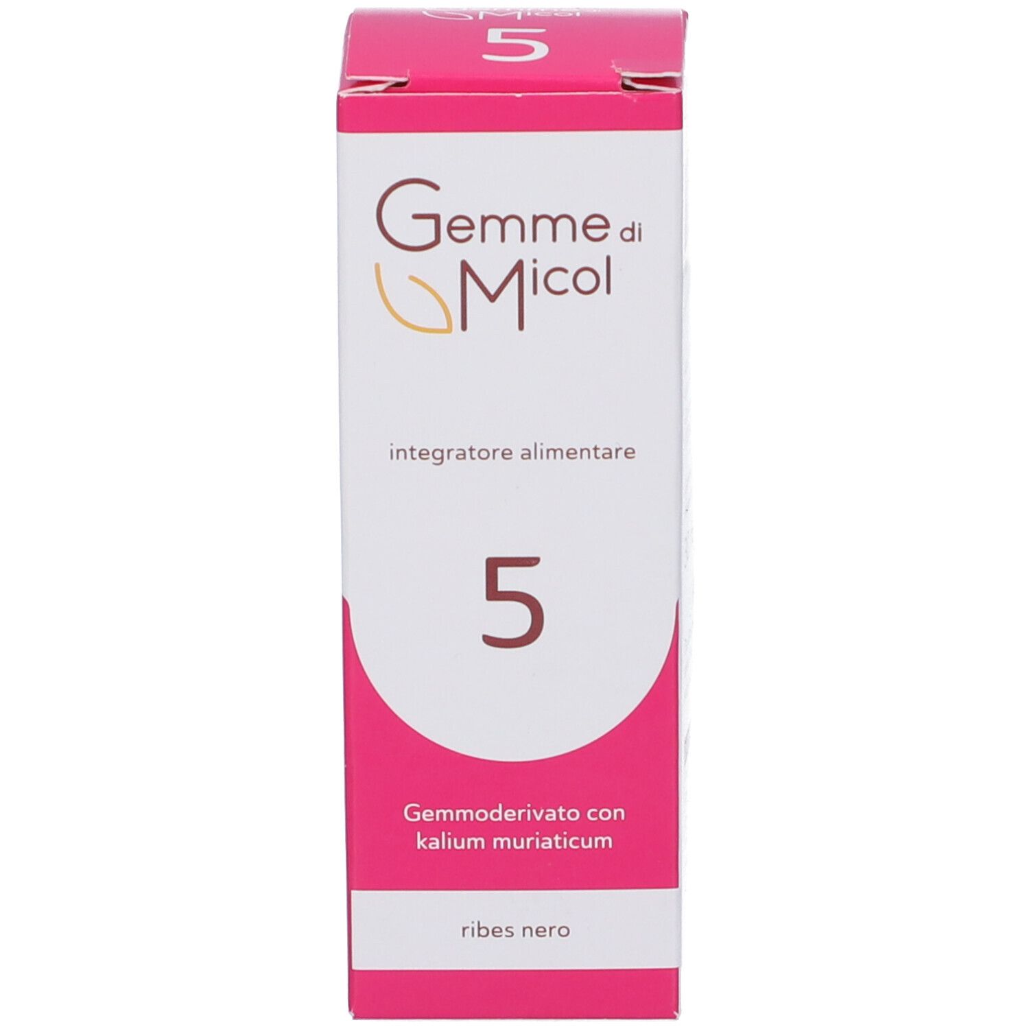 Confezione del prodotto. Scritta: Gemme di Micol, 5. Design rosa e bianco. Integratore alimentare.