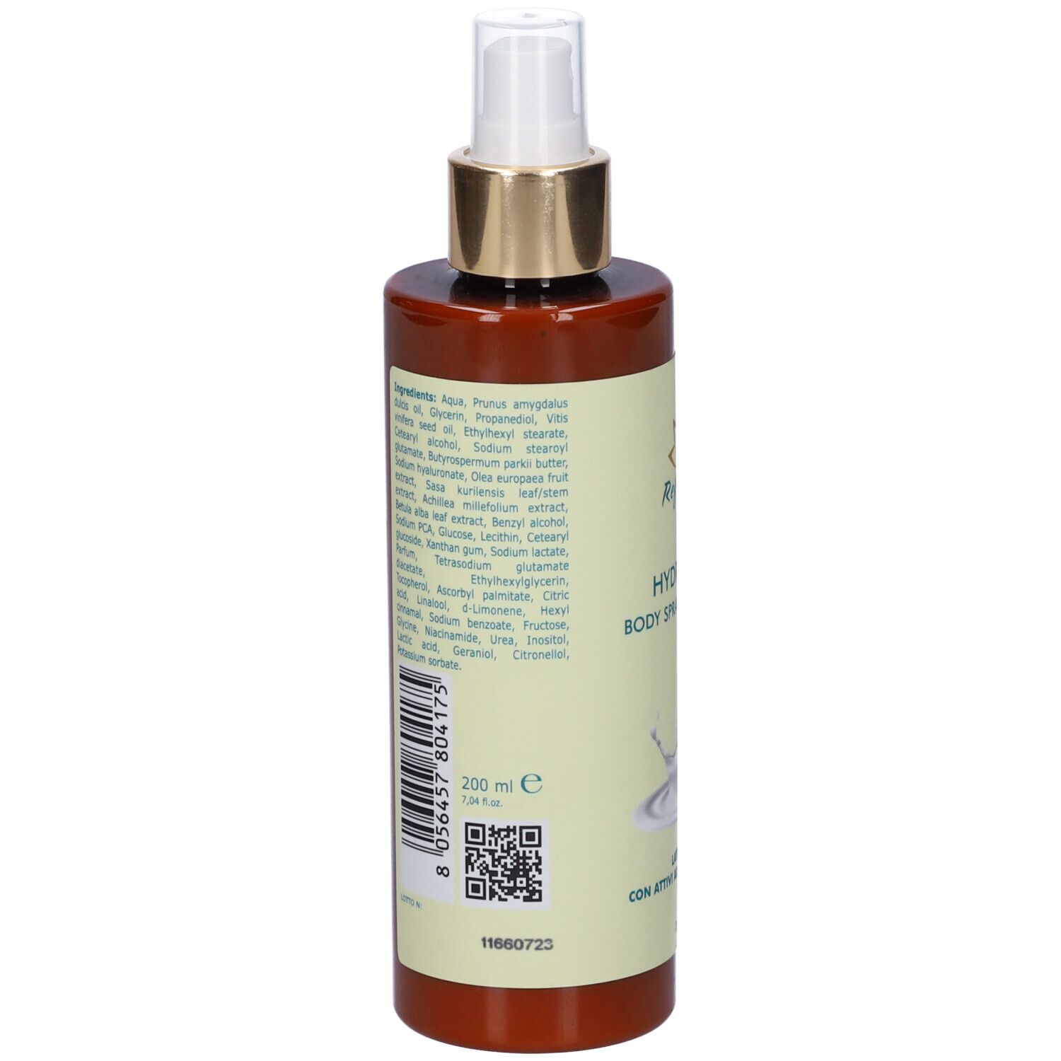 Retro del flacone marrone con vaporizzatore. Scritta: ingredienti, 200 ml, codice QR, codice a barre.