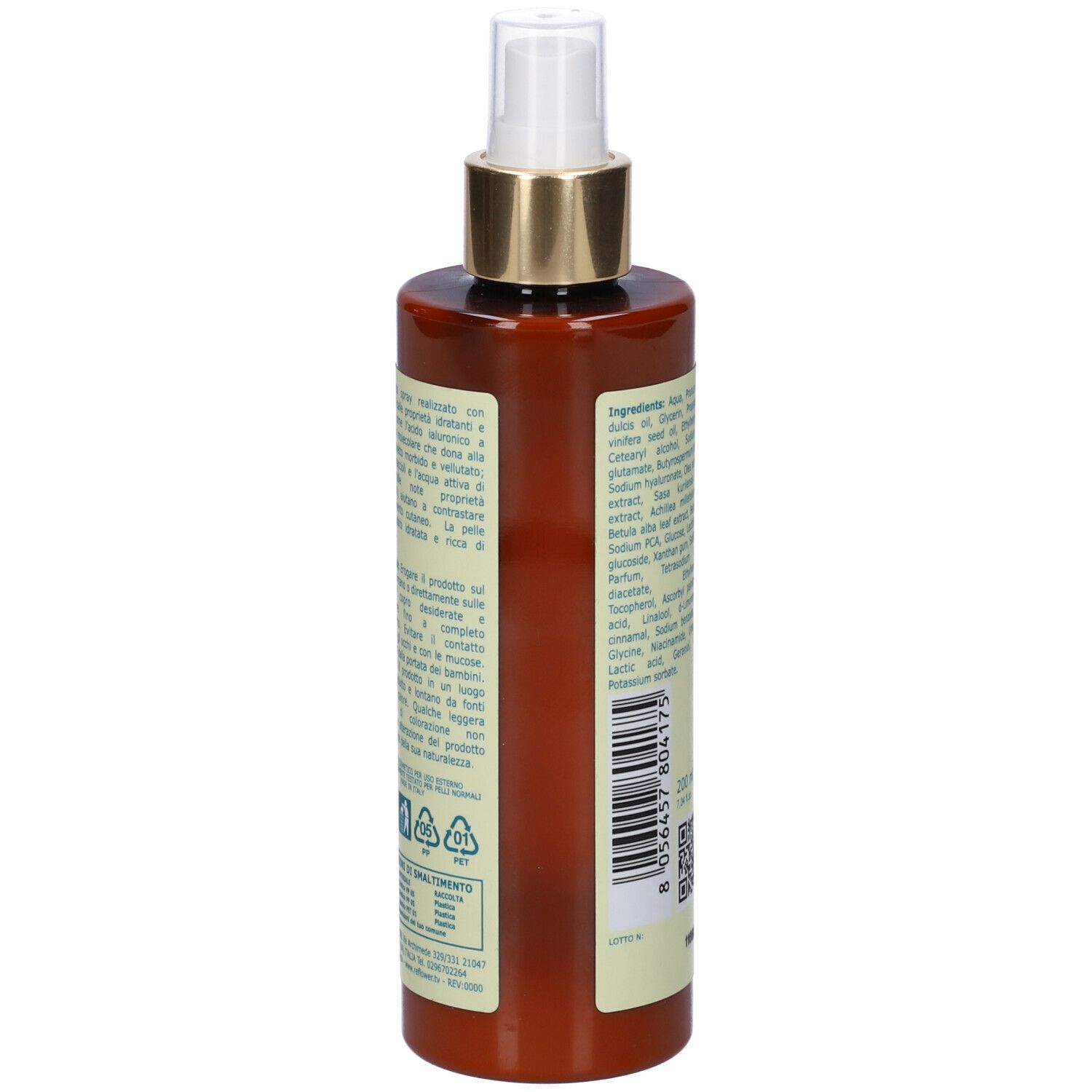 Retro del flacone marrone con vaporizzatore. Scritta: ingredienti, codice QR, codice a barre, simboli di riciclaggio.