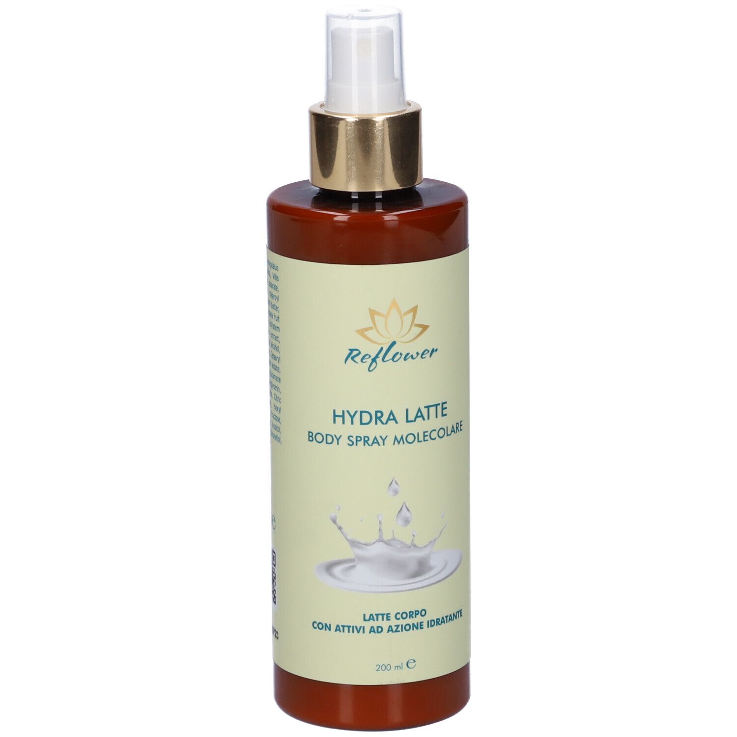 Flacone marrone con vaporizzatore. Scritta: Reflower Hydra Latte Body Spray Molecolare. Illustrazione: schizzo di latte.