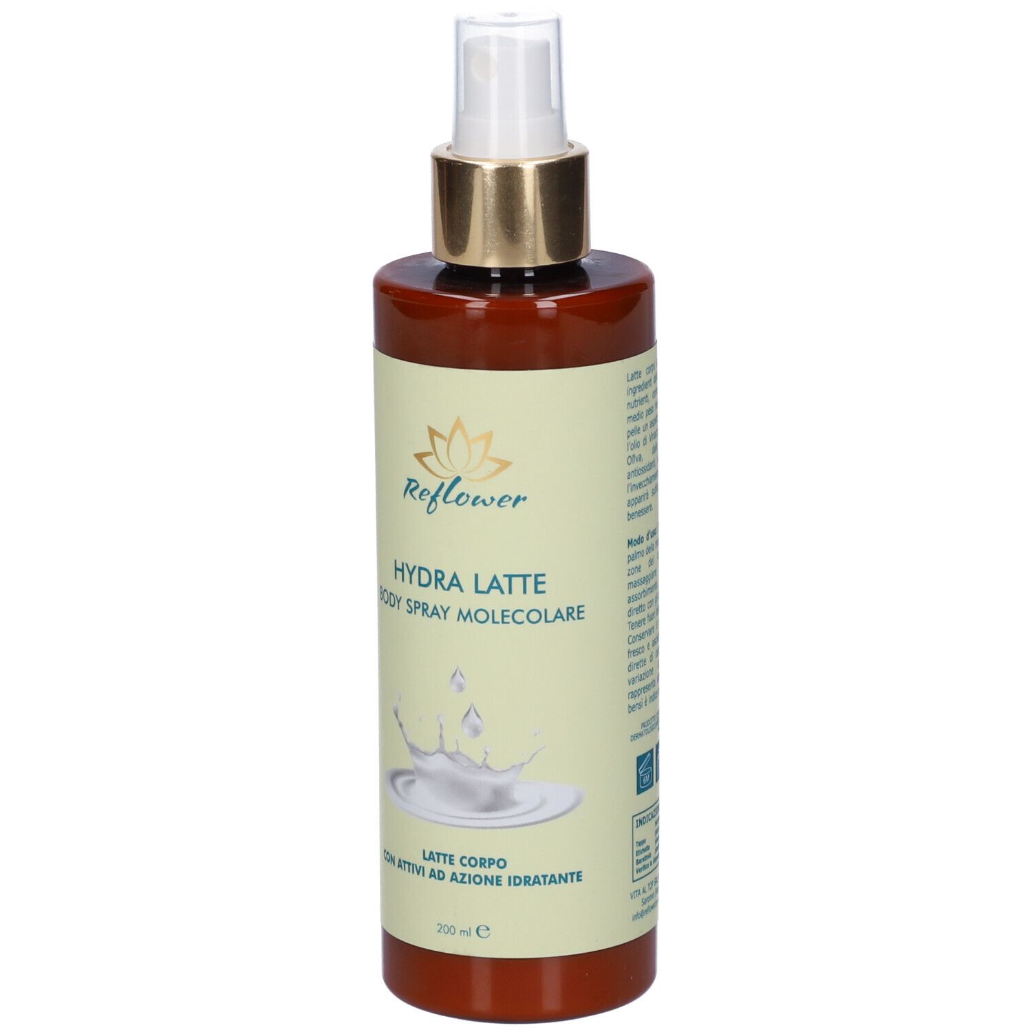 Flacone marrone con vaporizzatore. Scritta: Reflower Hydra Latte Body Spray Molecolare. Illustrazione: schizzo di latte.