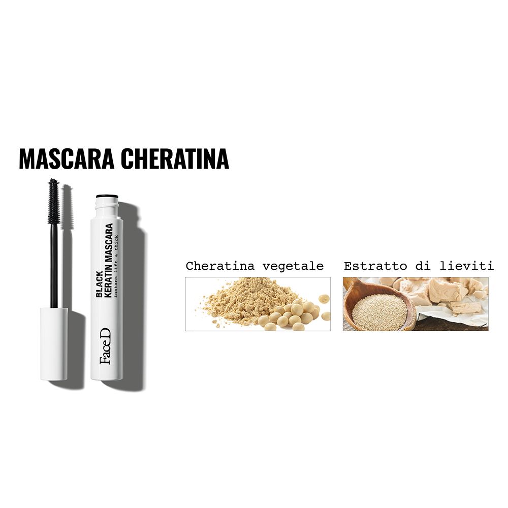 Prodotto mascara con ingredienti: cheratina vegetale ed estratto di lievito. Testo: Mascara Cheratina.