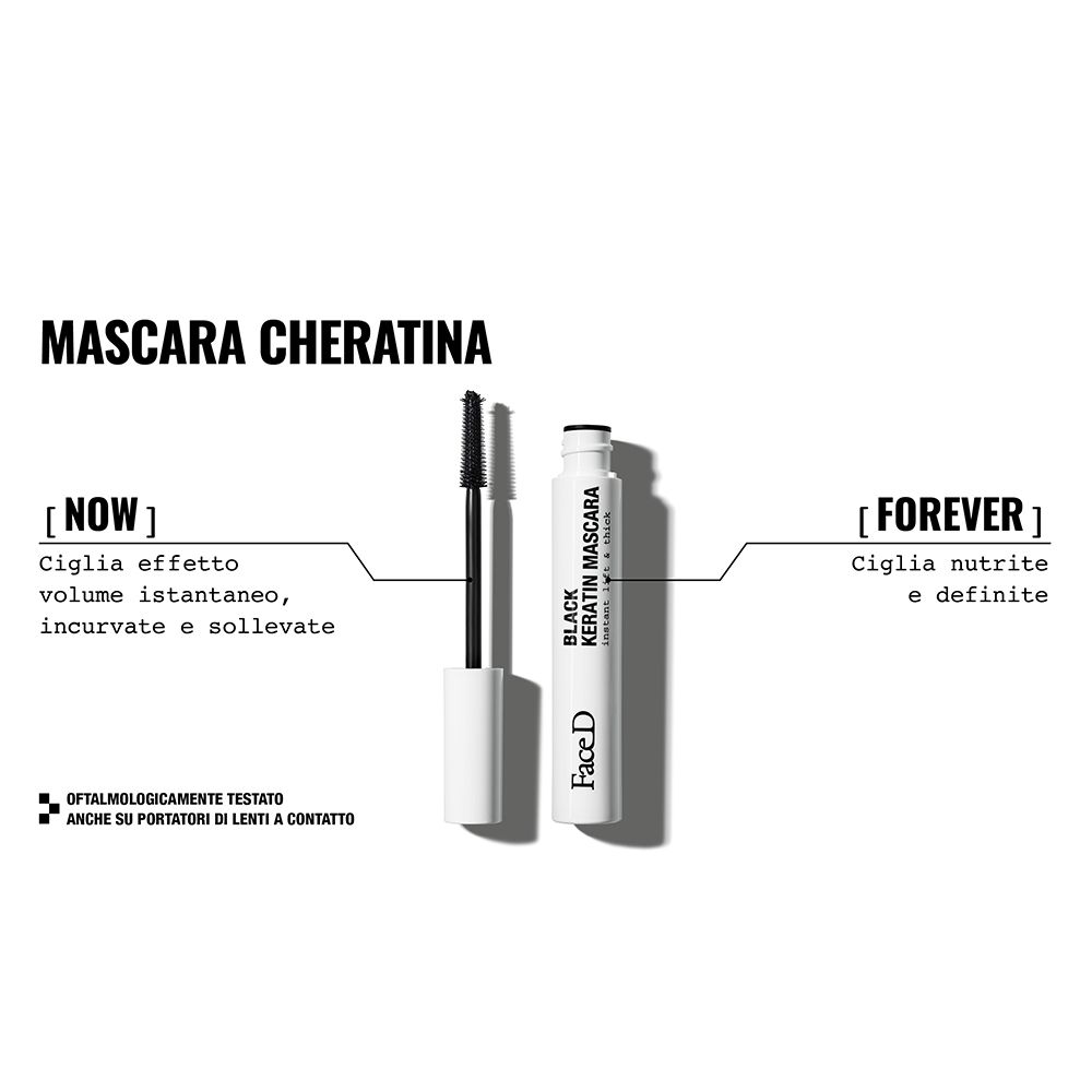 Prodotto mascara con testo: Mascara Cheratina. Scritta: Ciglia effetto volume istantaneo, incurvate e sollevate.