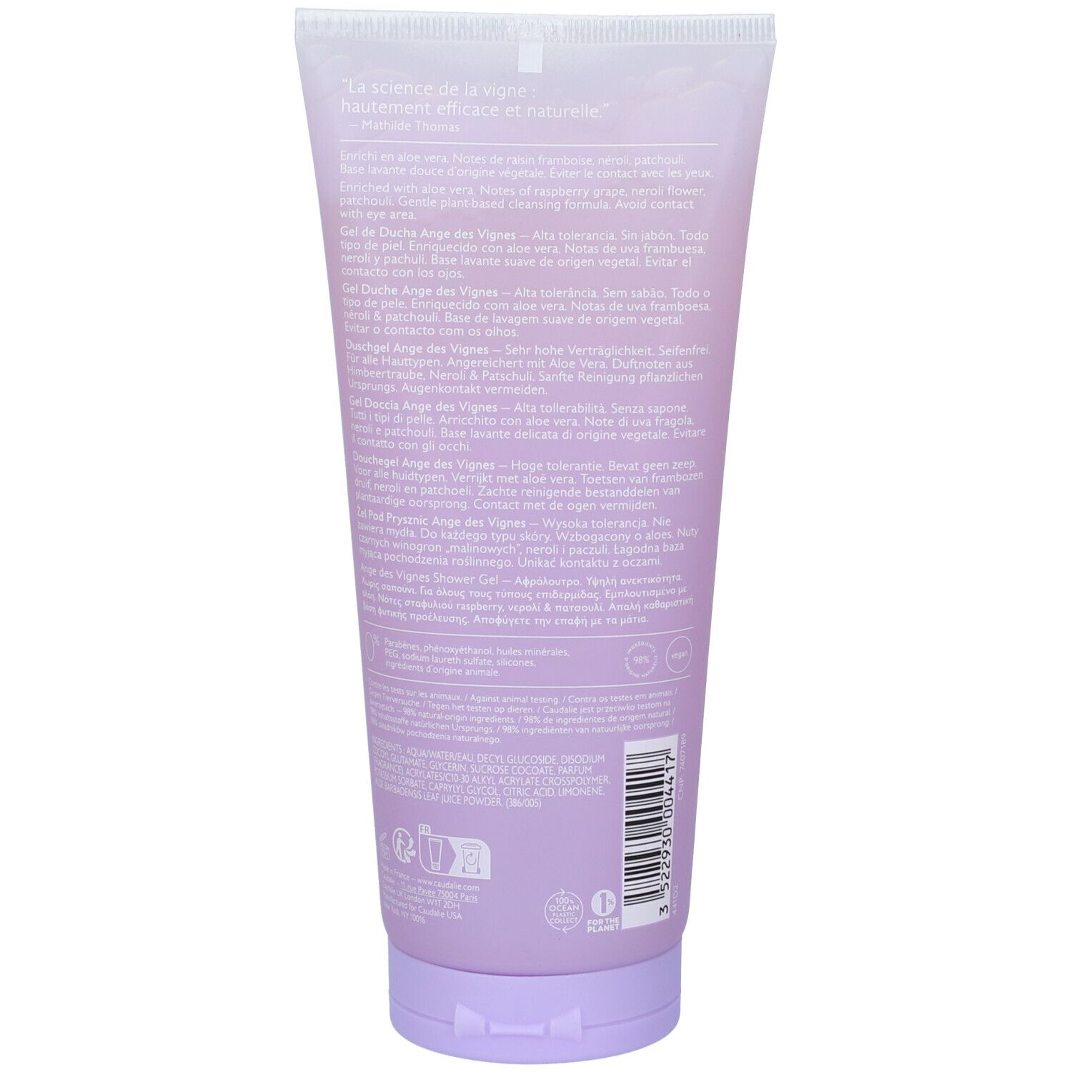 Tubo viola di bagnoschiuma, retro con testo e codice a barre.