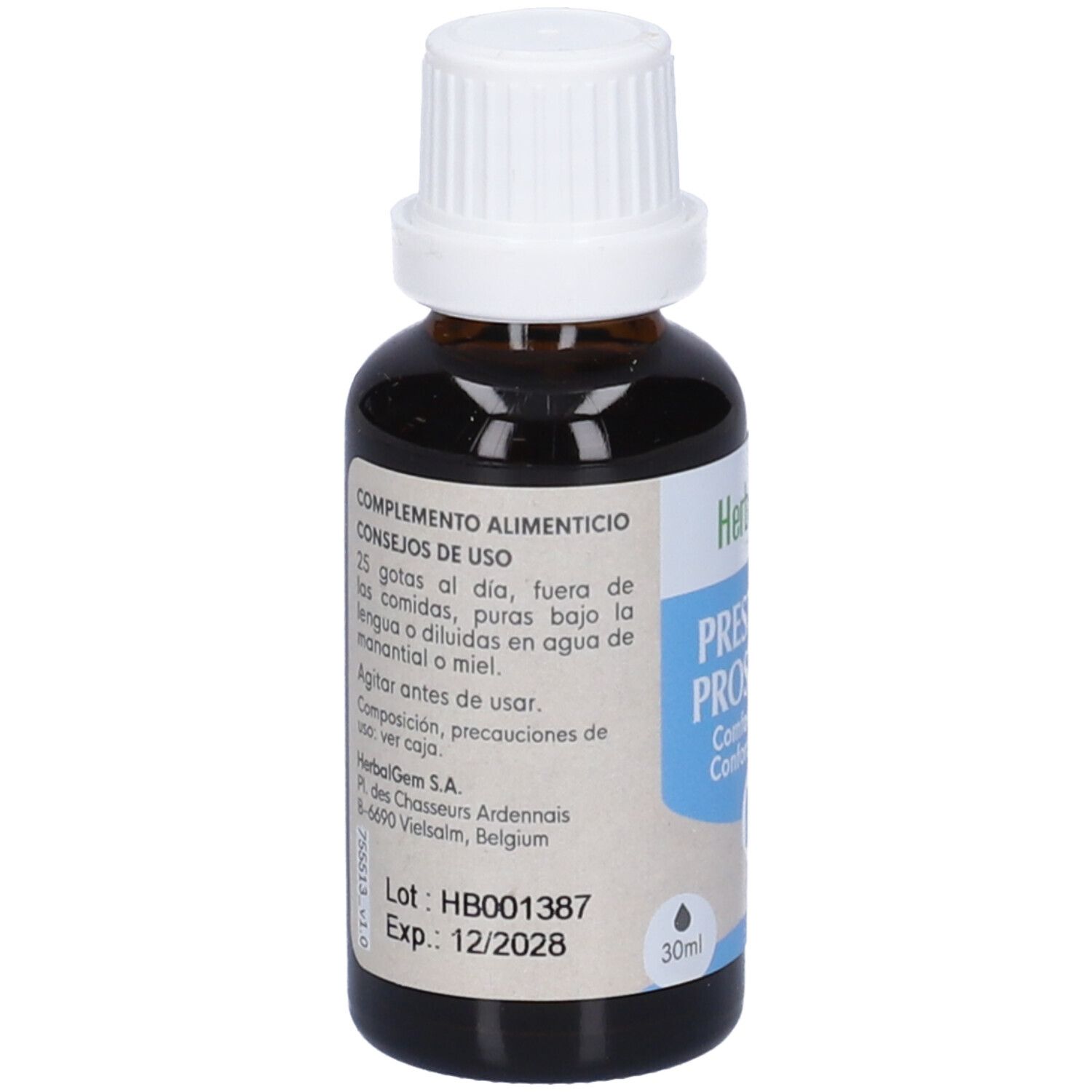 Flacone di vetro marrone con tappo bianco. Etichetta con testo multilingue. 30ml. Scritta: HB001387, Exp: 12/2028.