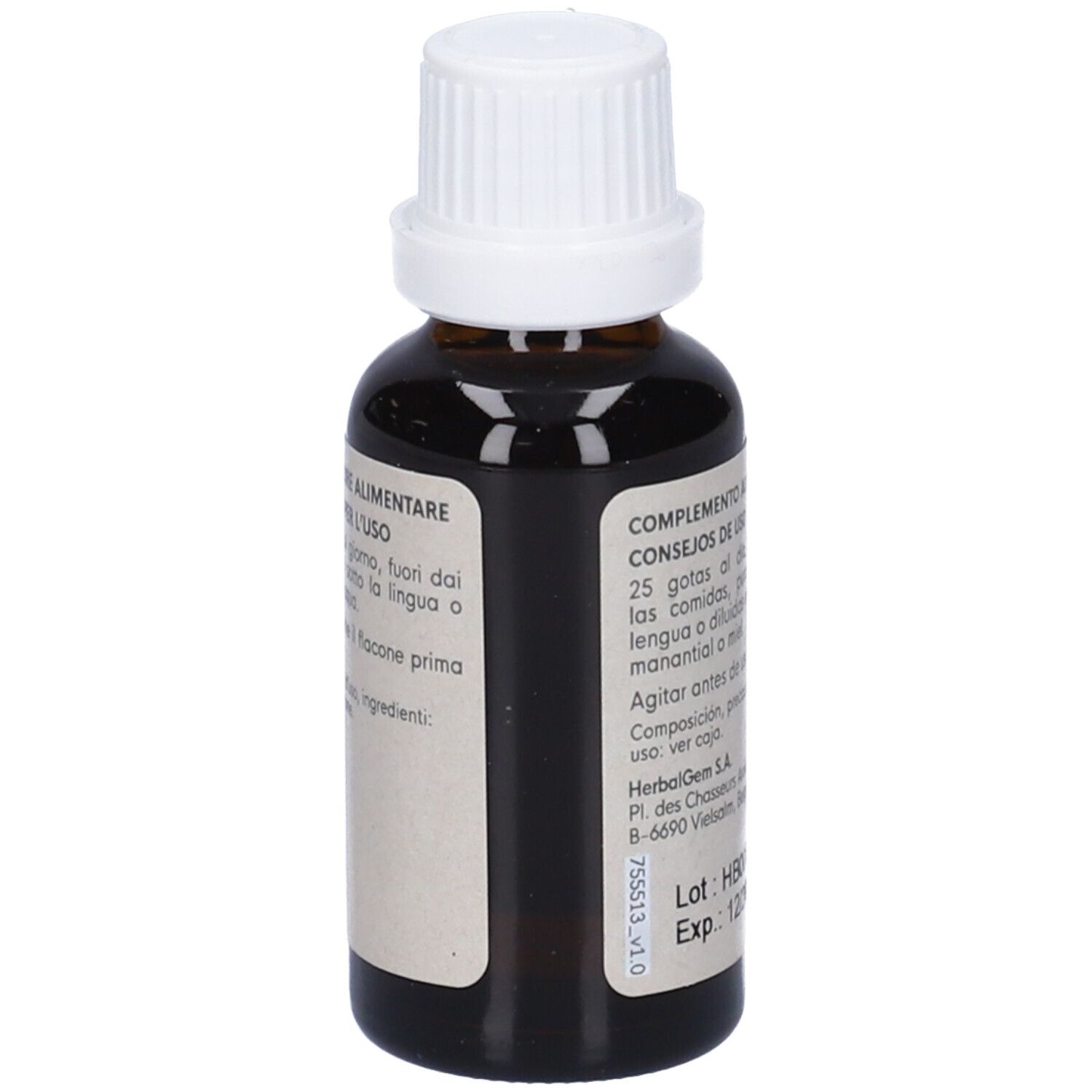 Flacone di vetro marrone con tappo bianco. Etichetta con testo multilingue. 30ml. Vista posteriore.