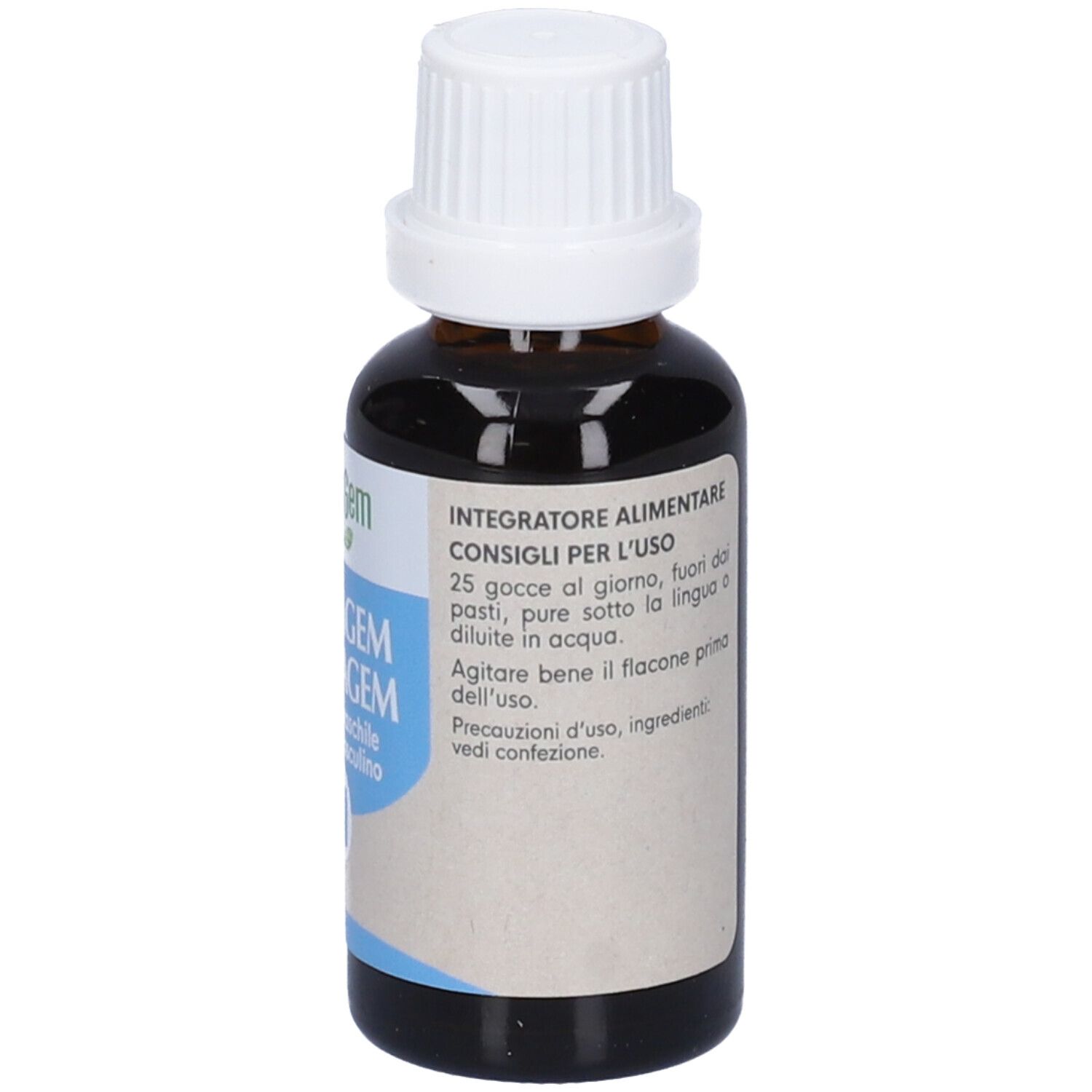 Flacone di vetro marrone con tappo bianco. Etichetta con testo multilingue. 30ml. Primo piano.