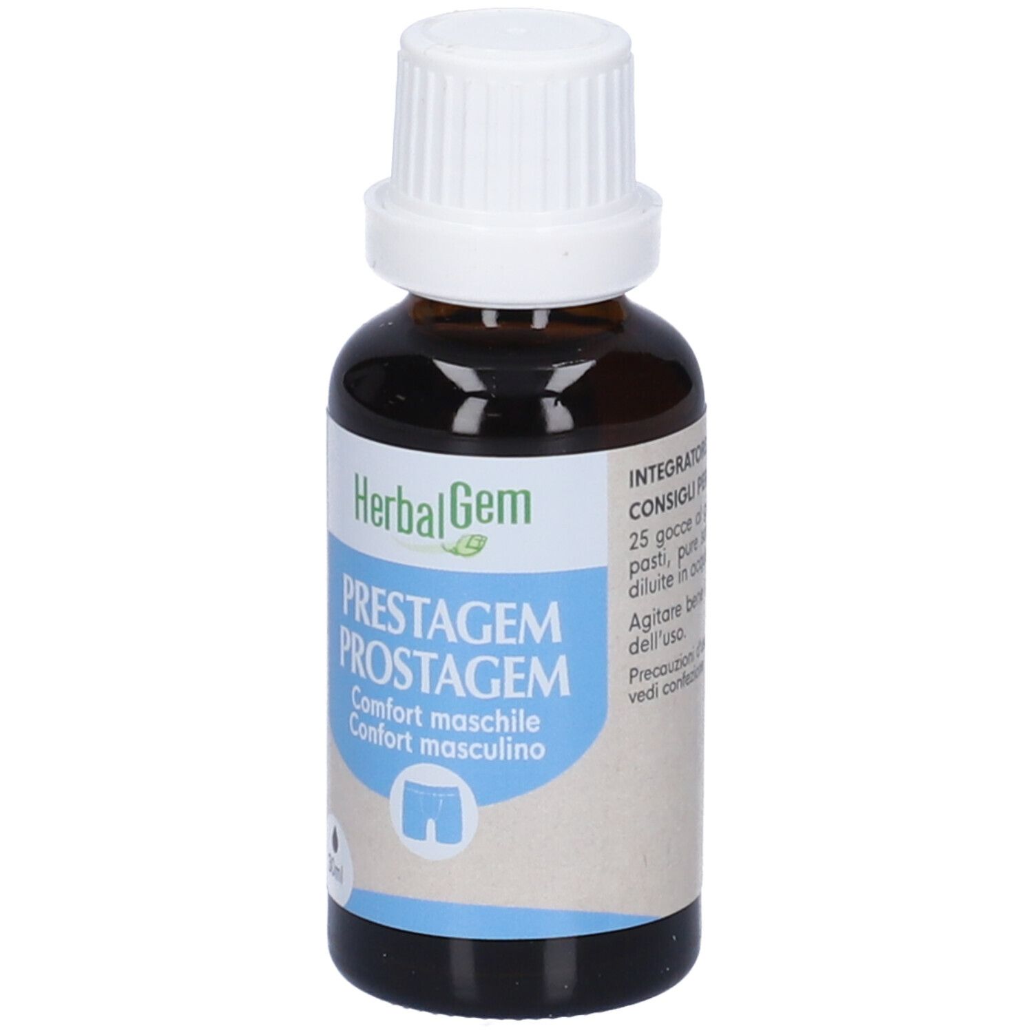 Flacone di vetro marrone con tappo bianco. Etichetta con nome del prodotto e logo. Accenti blu e bianchi. 30ml.