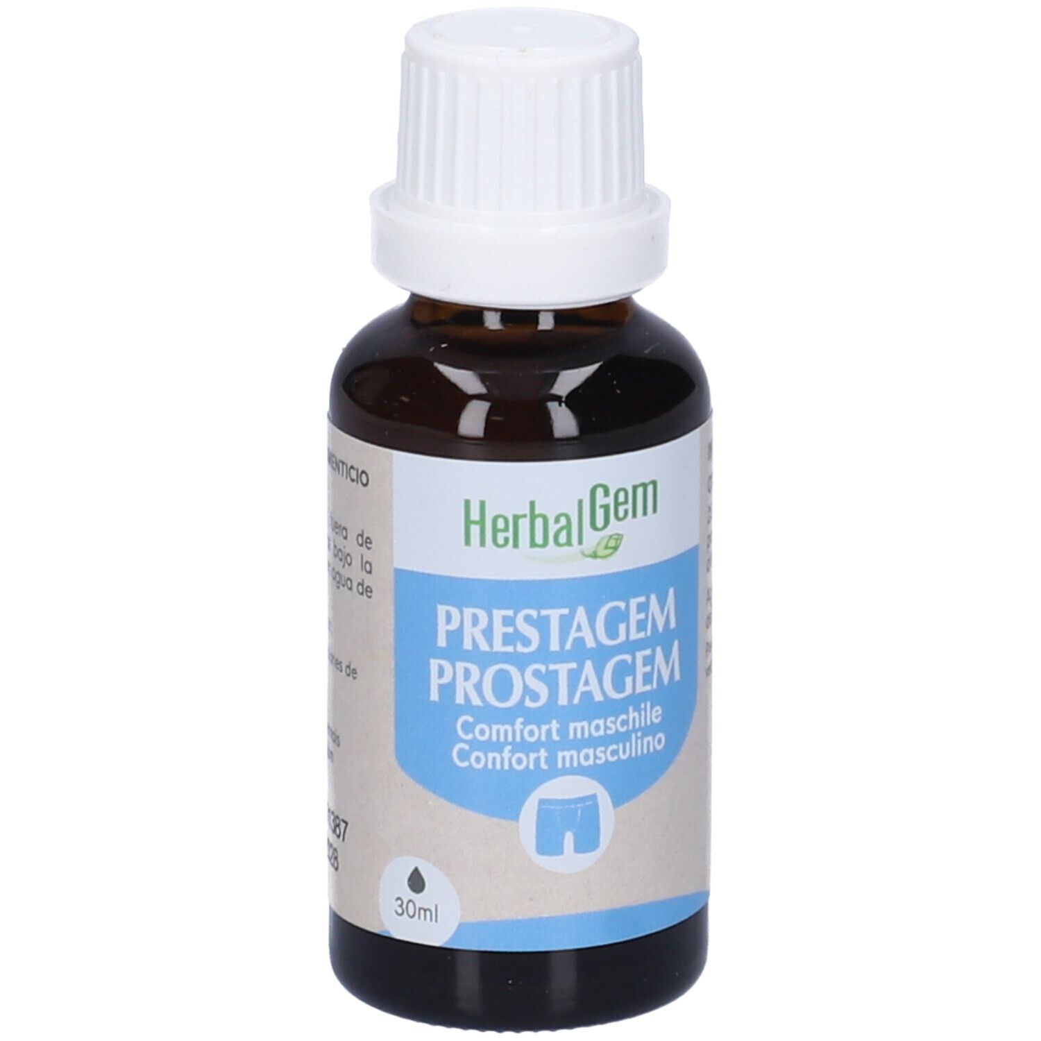 Flacone di vetro marrone con tappo bianco. Etichetta con nome del prodotto e logo. Accenti blu e bianchi. 30ml.