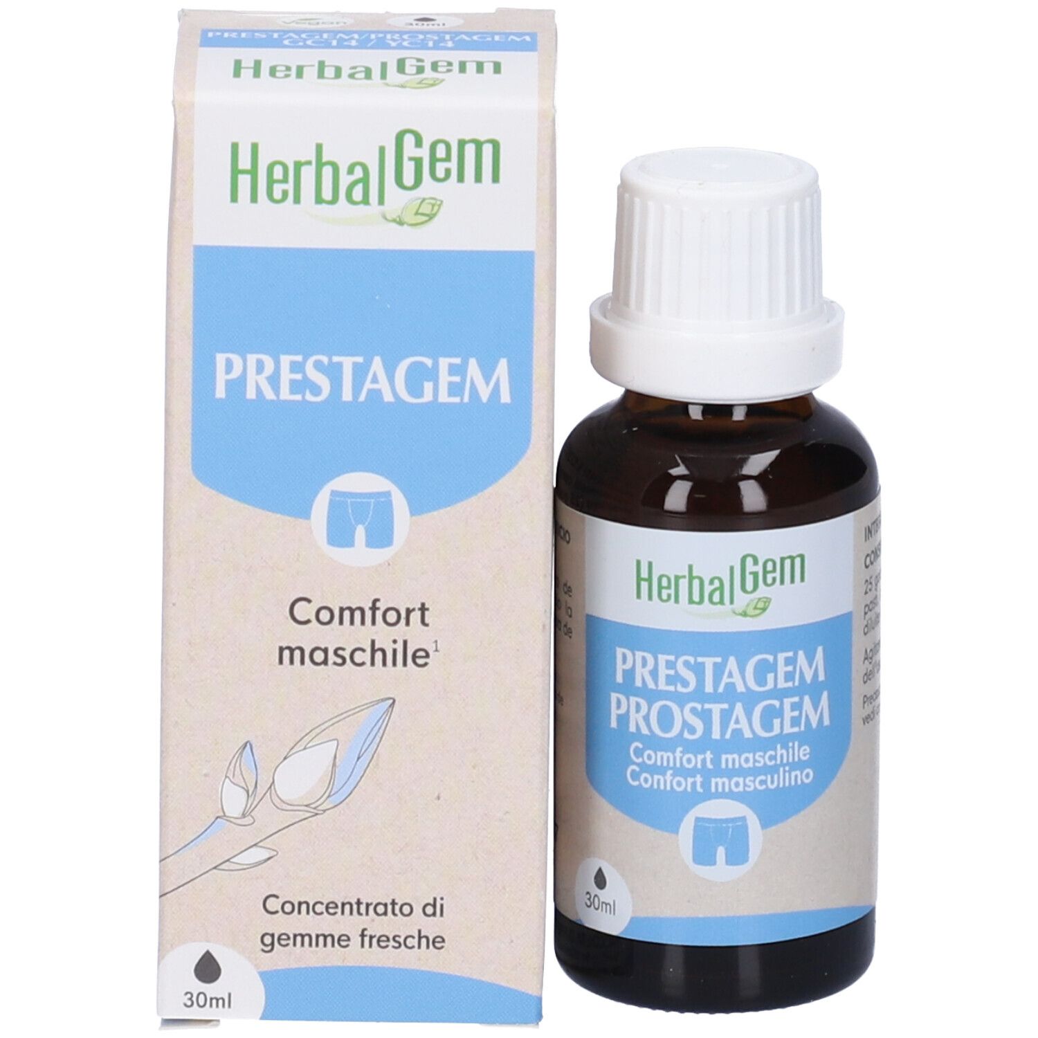 Flacone e confezione del prodotto. Flacone marrone con tappo bianco. Scatola con nome del prodotto e logo. 30ml.