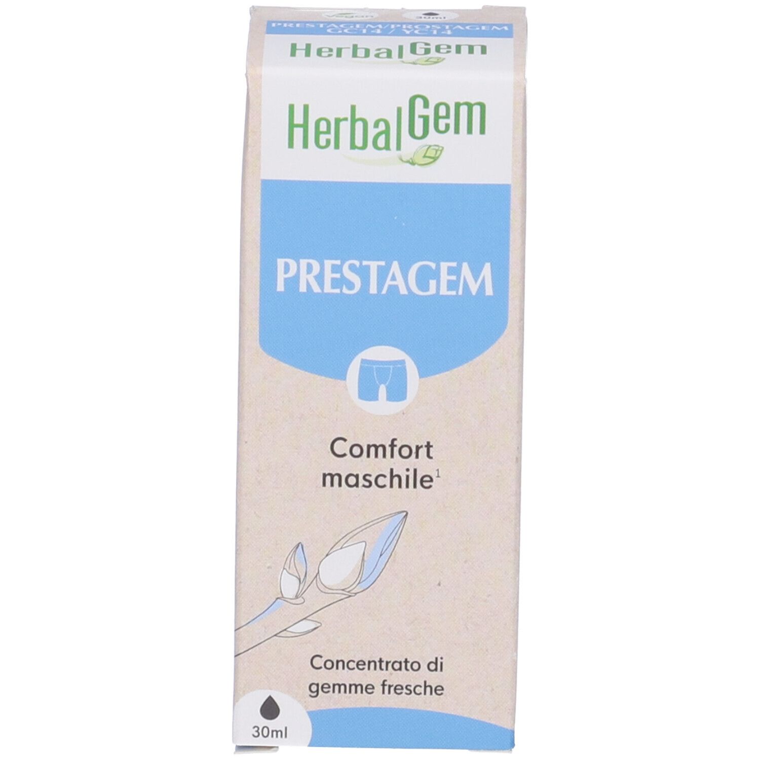 Confezione del prodotto. Scatola con nome del prodotto e logo. 30ml. Illustrazione di gemme.