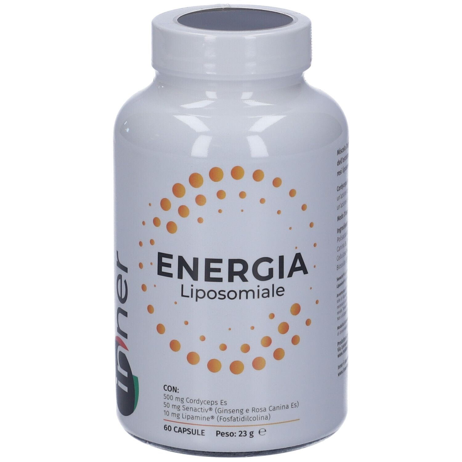Flacone bianco con scritta "Energia Liposomiale". Punti arancioni. Logo "Inner". 60 capsule.