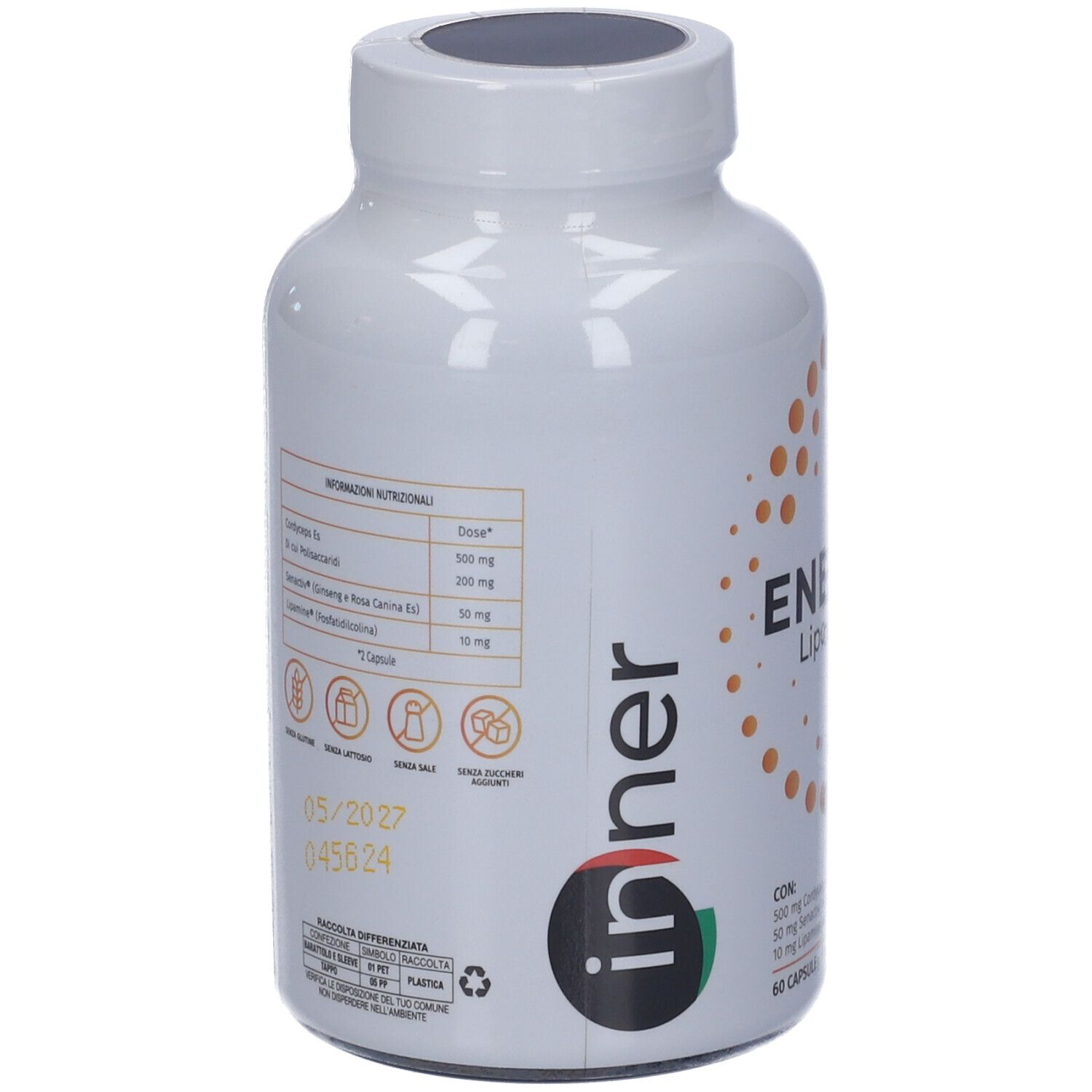 Flacone bianco con scritta "Energia Liposomiale". Punti arancioni. Logo "Inner". 60 capsule. Retro con testo.