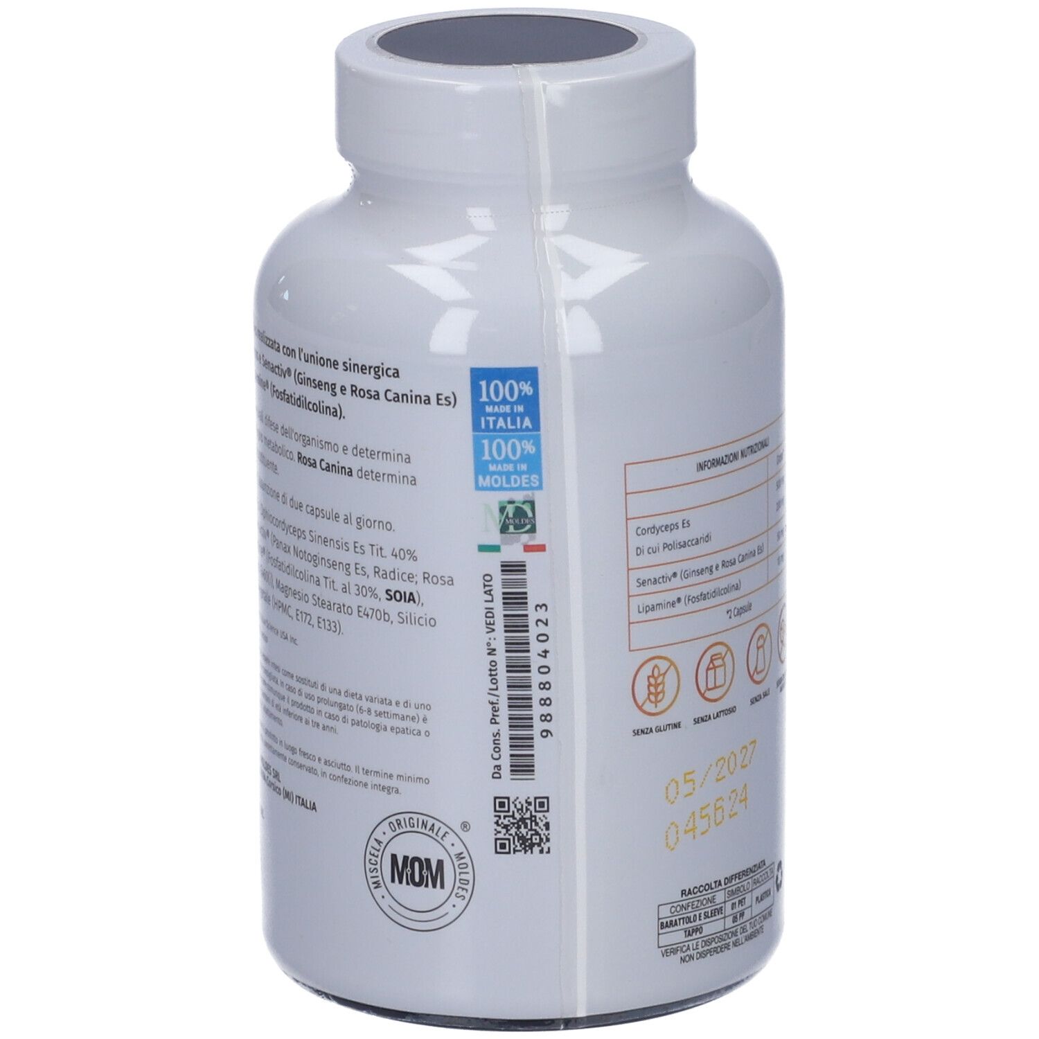 Retro del flacone bianco. Testo, loghi, QR code, certificazioni.