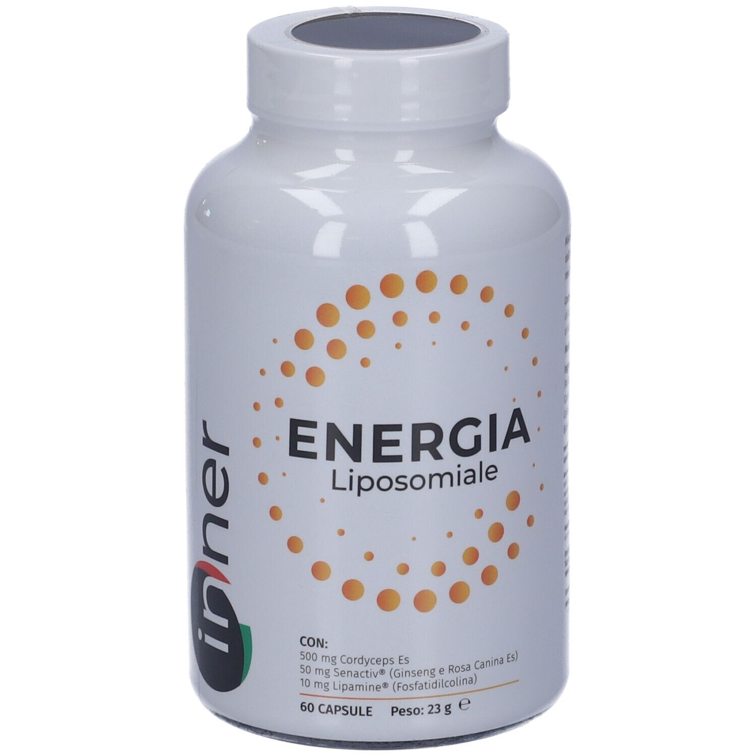 Flacone bianco con scritta "Energia Liposomiale". Punti arancioni. Logo "Inner". 60 capsule.