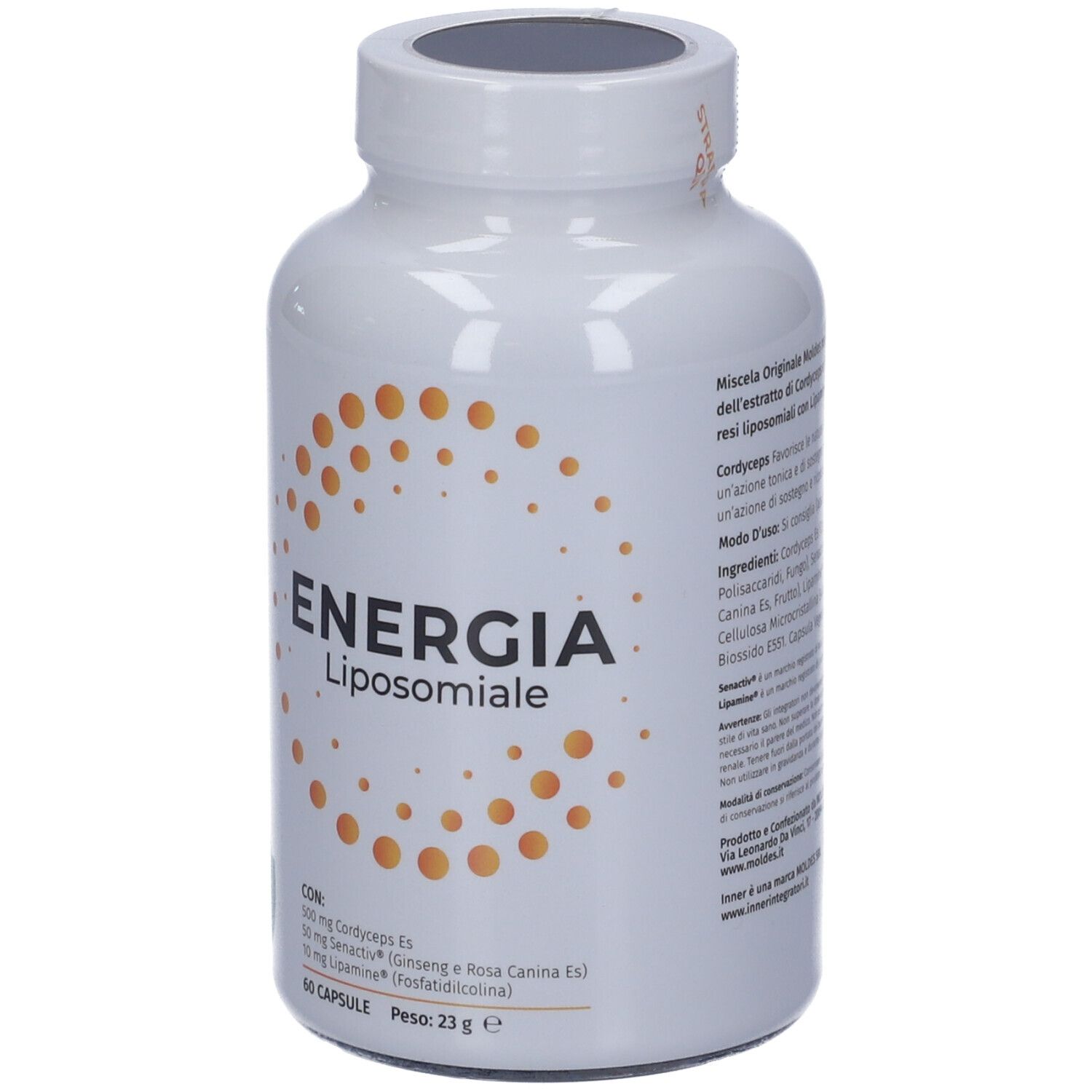 Flacone bianco con scritta "Energia Liposomiale". Punti arancioni. Logo "Inner". 60 capsule. Retro con testo.