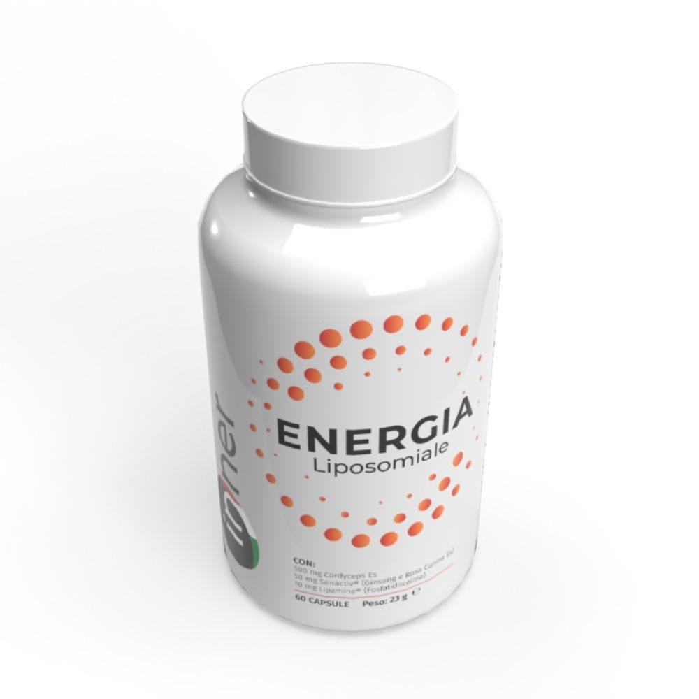 Flacone bianco con scritta "Energia Liposomiale". Punti arancioni. Logo "Inner". 60 capsule.