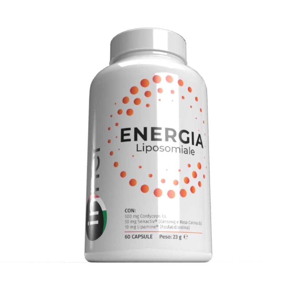 Flacone bianco con scritta "Energia Liposomiale". Punti arancioni. Logo "Inner". 60 capsule.