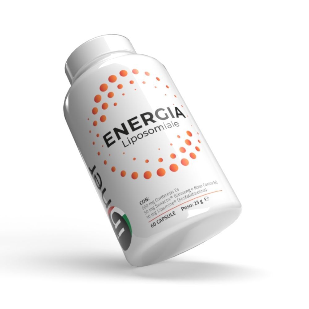 Flacone bianco con scritta "Energia Liposomiale". Punti arancioni. Logo "Inner". 60 capsule.