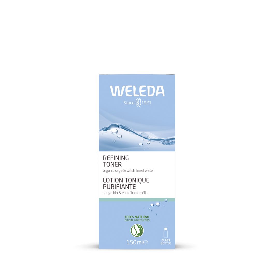 Confezione azzurra. Scritta: WELEDA, Refining Toner, Lotion Tonique Purifiante. 150ml.