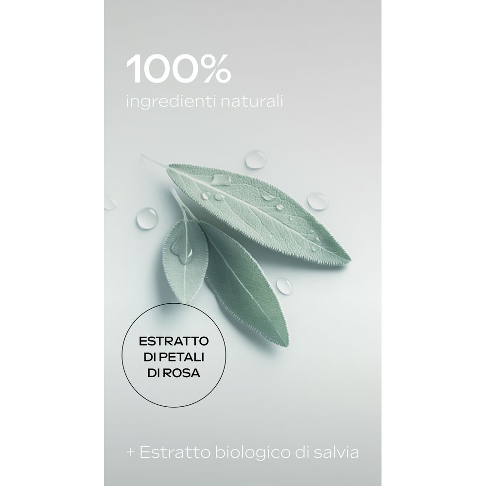 Foglie e gocce d'acqua. Testo: 100% ingredienti naturali. Extrait de pétales de rosa. + Extrait biologique de salvia.