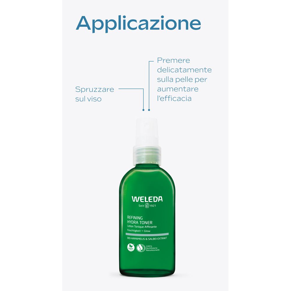 Flacone verde con spruzzatore. Testo: Applicazione. Spruzzare sul viso. Premere sulla pelle.