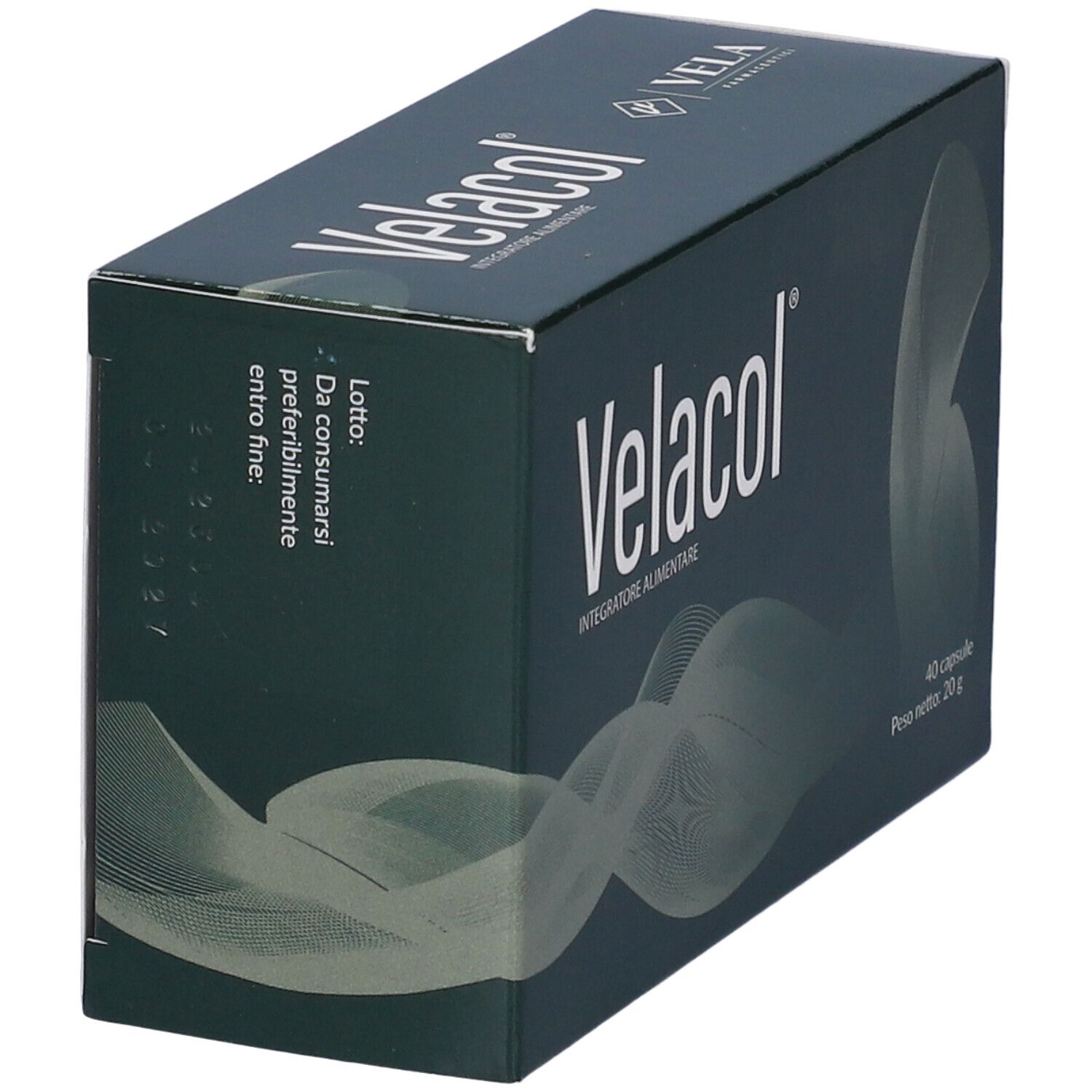Scatola verde scuro Velacol. Vista laterale con testo e logo. Marchio VELA.