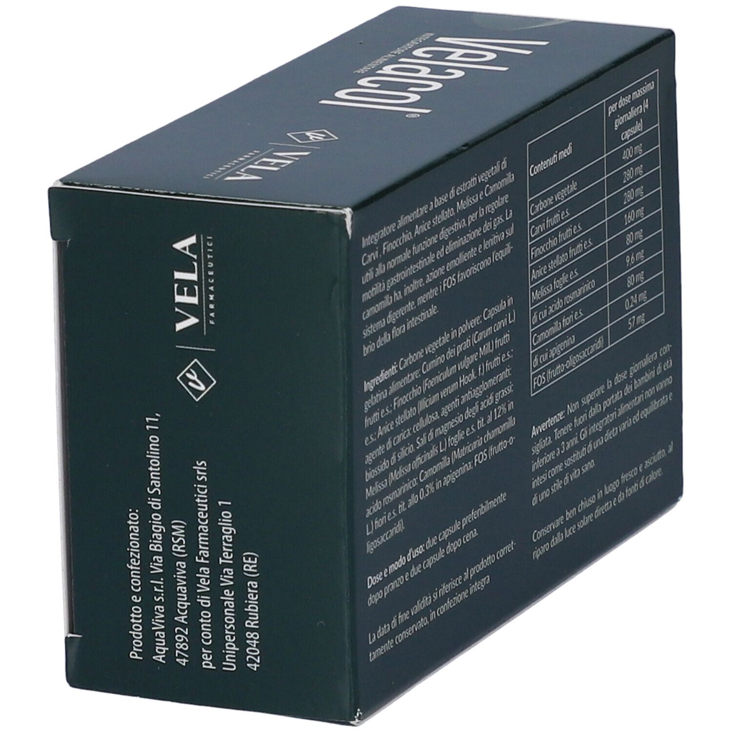 Scatola Velacol, retro con ingredienti e informazioni produttore. Marchio VELA.