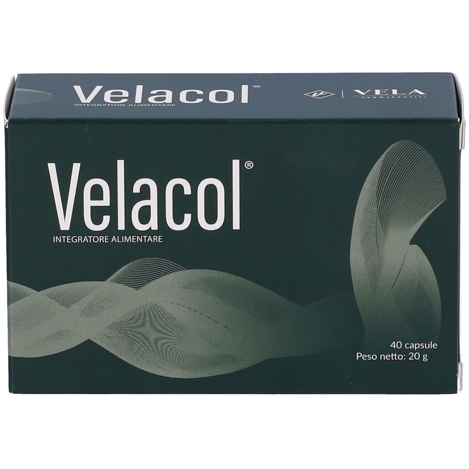 Scatola verde scuro Velacol con scritta bianca. 40 capsule. Marchio VELA.