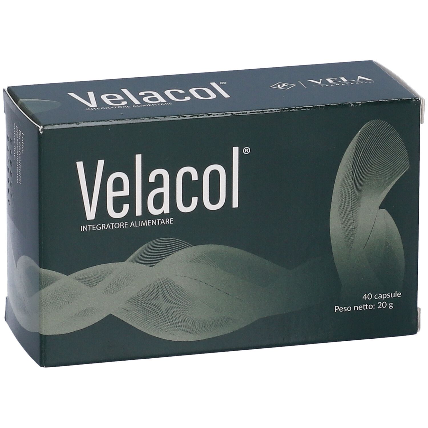 Scatola verde scuro Velacol con scritta bianca. 40 capsule. Marchio VELA.