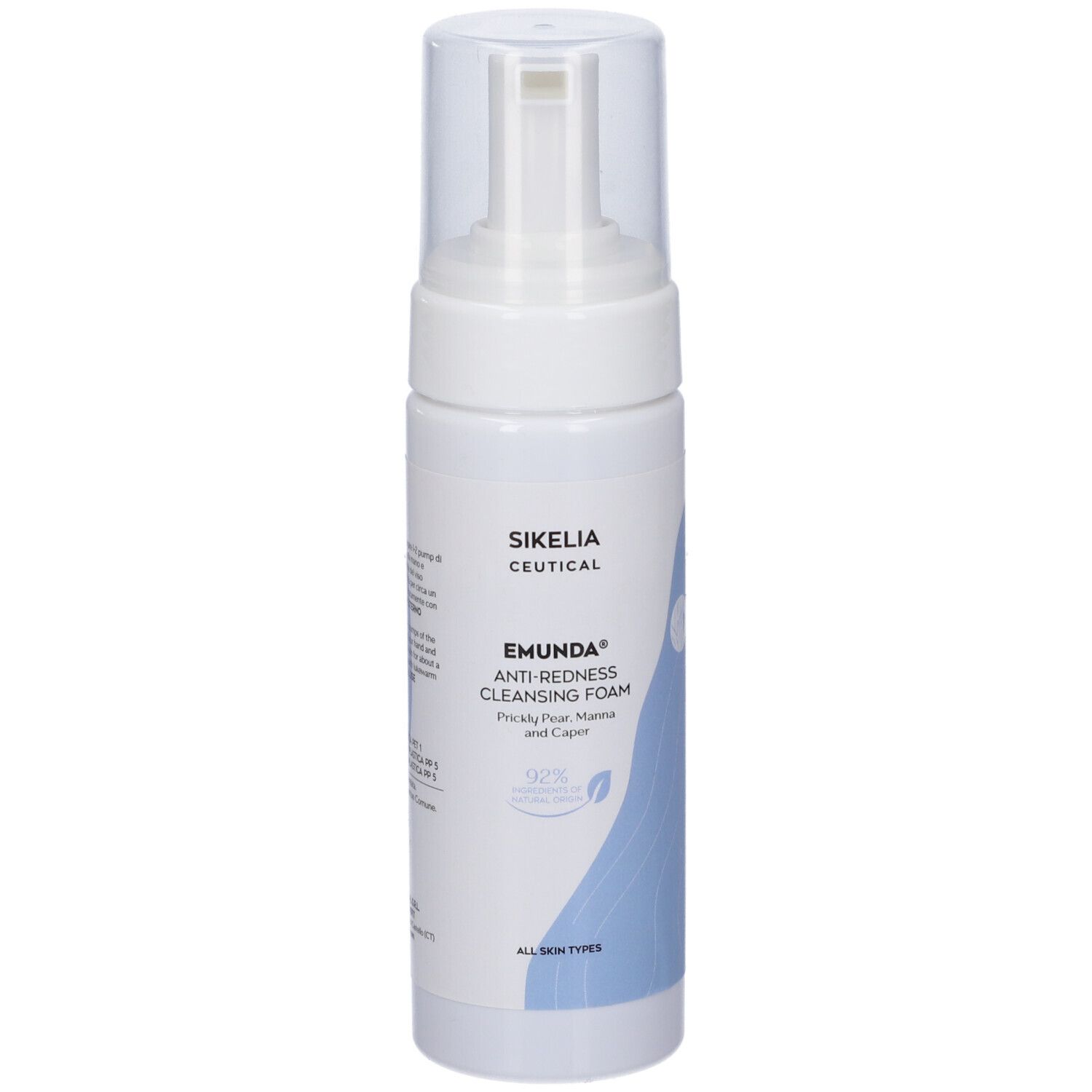 Flacone bianco con erogatore. Scritta: Emunda Anti-Redness Cleansing Foam. Grafica blu.