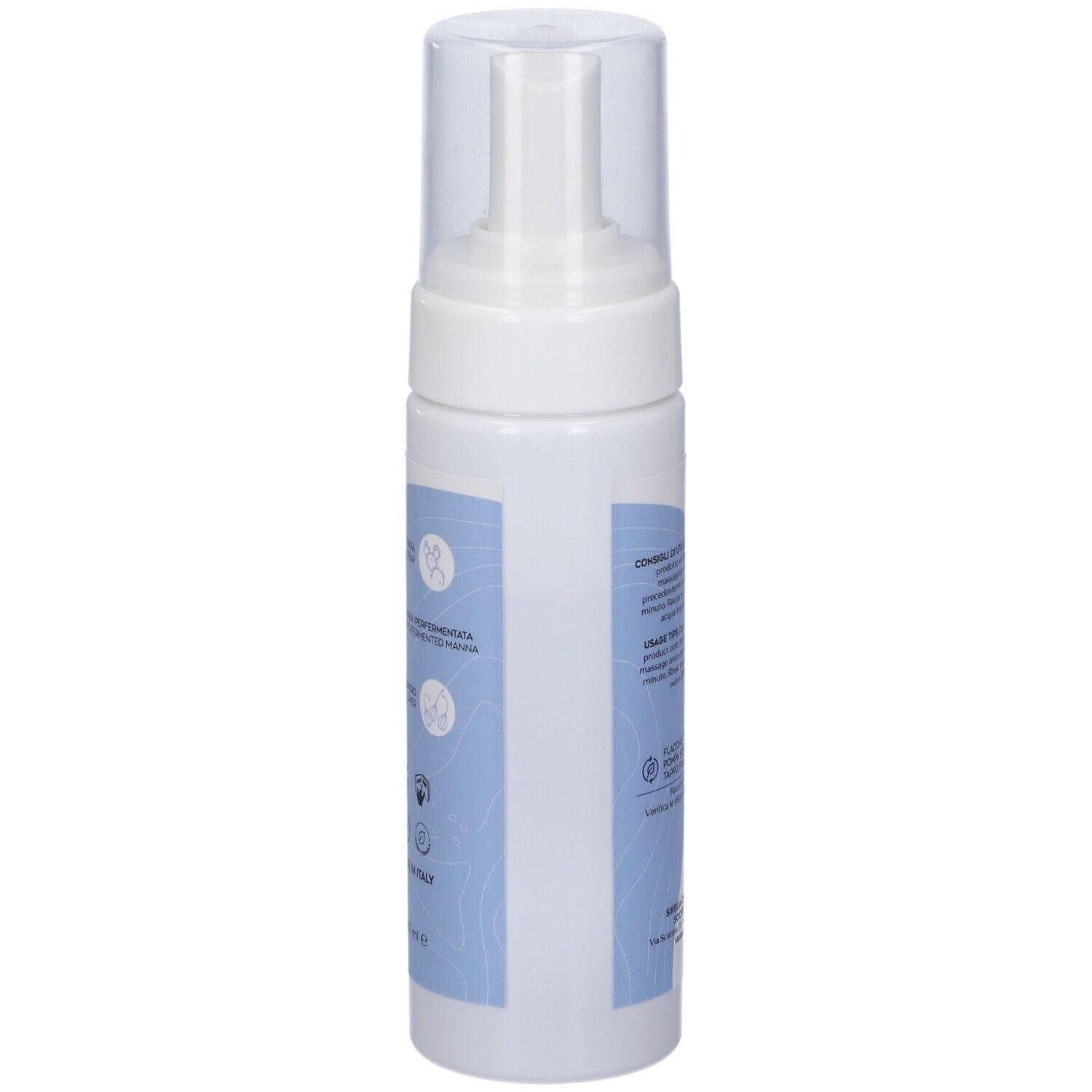 Retro del flacone bianco. Testo: utilizzo, ingredienti, informazioni produttore. Grafica blu.