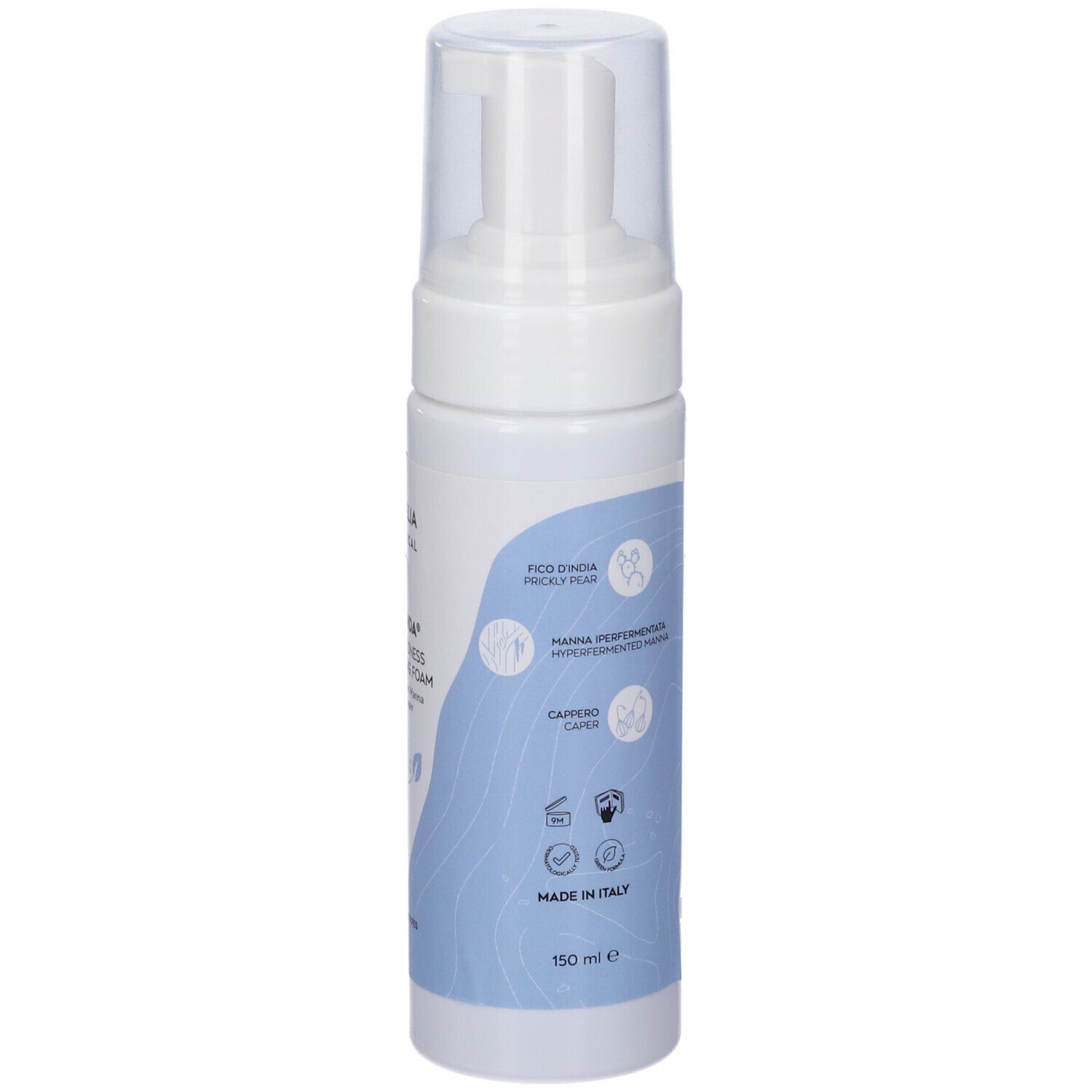 Retro del flacone bianco. Testo: utilizzo, ingredienti, informazioni produttore. Grafica blu. Made in Italy.