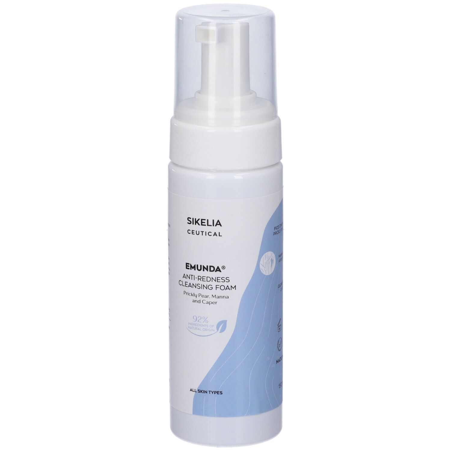 Flacone bianco con erogatore. Scritta: Emunda Anti-Redness Cleansing Foam. Grafica blu.