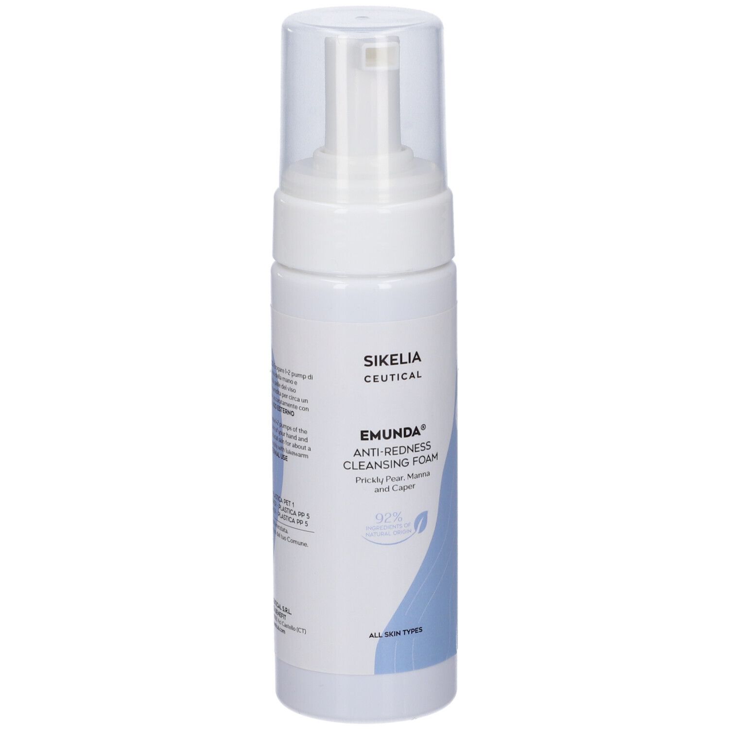 Flacone bianco con erogatore. Scritta: Emunda Anti-Redness Cleansing Foam. Grafica blu.