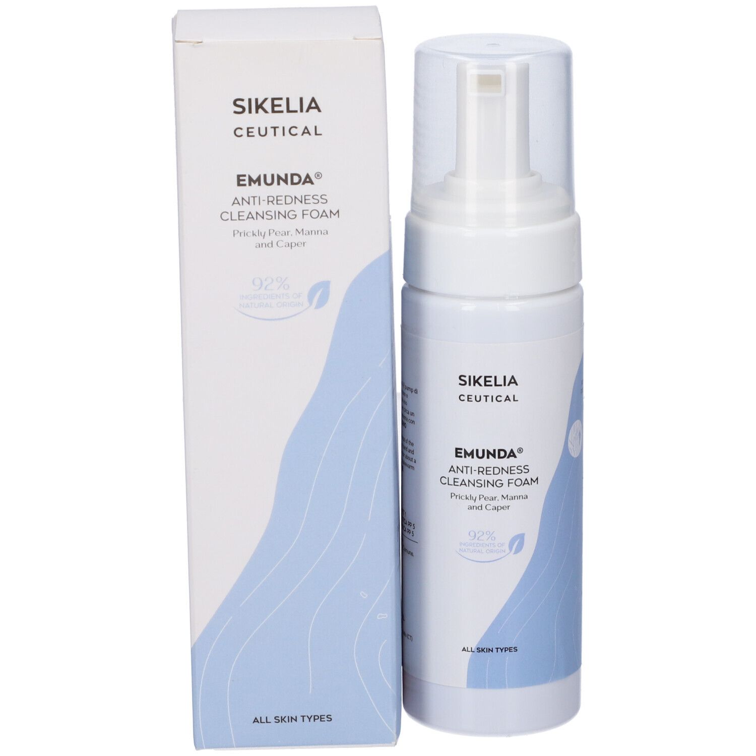 Flacone bianco e scatola. Scritta: Emunda Anti-Redness Cleansing Foam. Grafica blu.