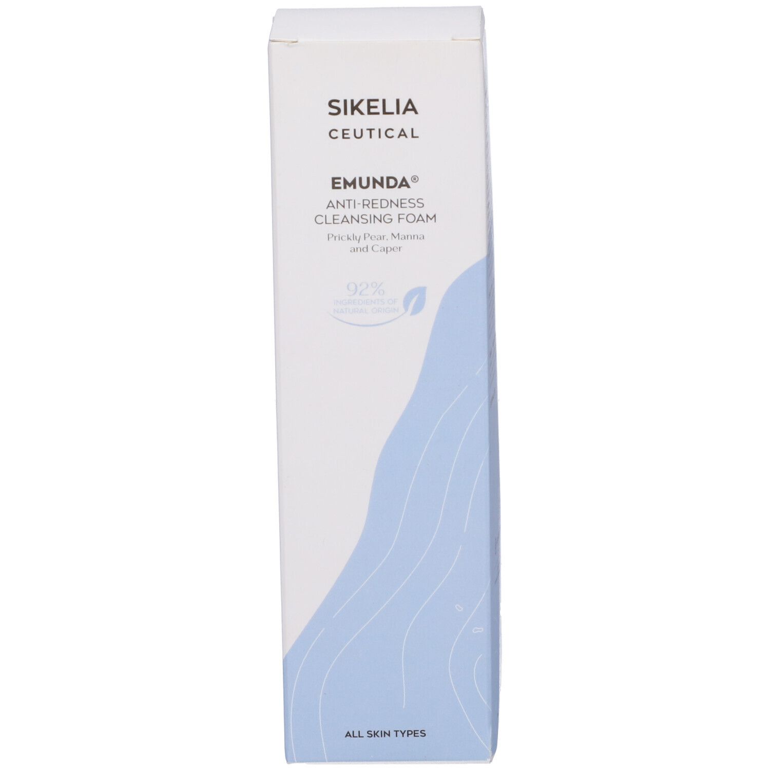 Scatola bianca alta. Scritta: Emunda Anti-Redness Cleansing Foam. Grafica blu.
