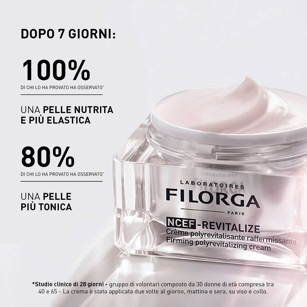 Vaso di crema con testo. Risultati 100% e 80%. Nome del prodotto FILORGA NCEF-Revitalize.