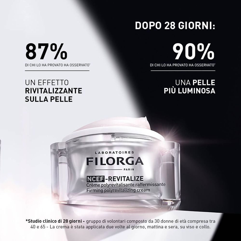 Vaso di crema con testo. Risultati dopo 28 giorni. Nome del prodotto FILORGA NCEF-Revitalize.