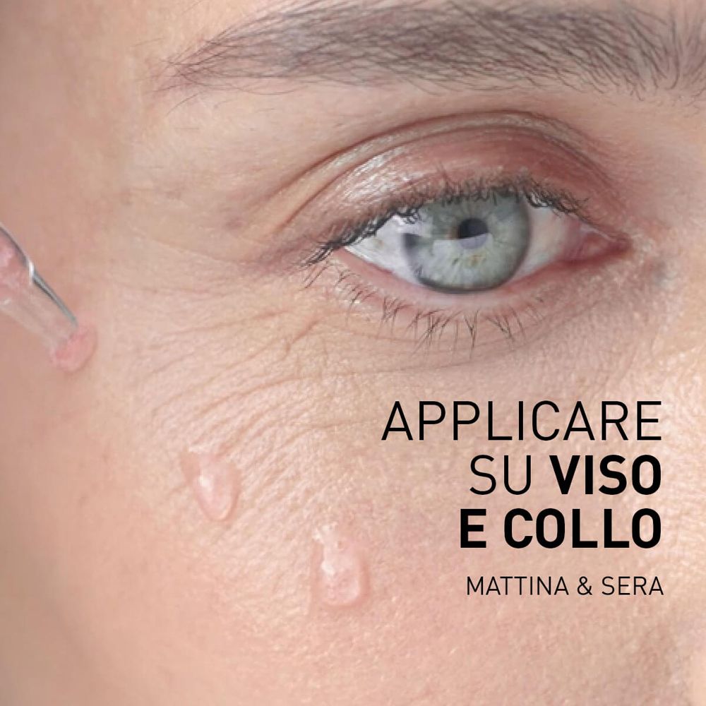 Viso con gocce. Testo: 'APPLICARE SU VISO E COLLO'.