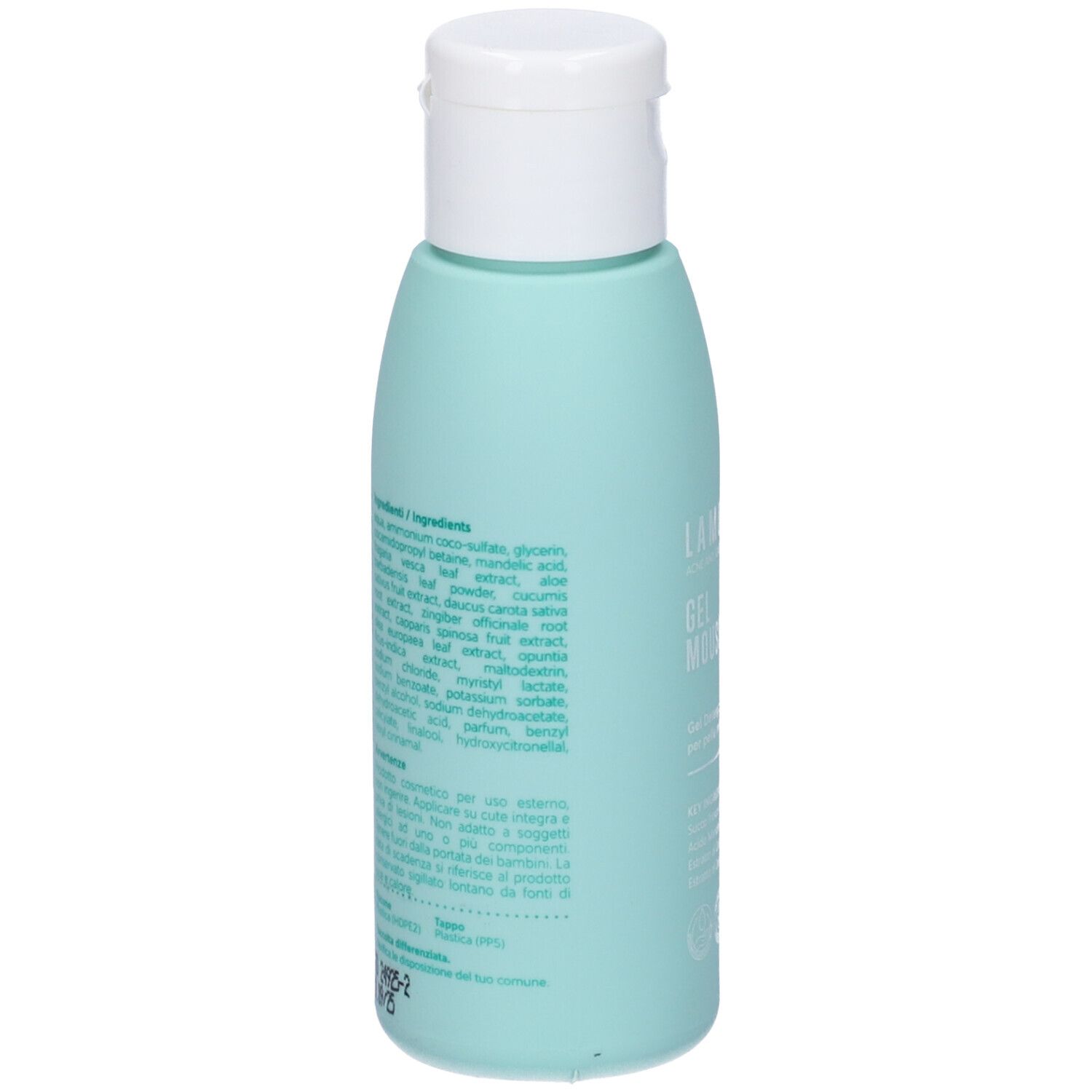 Retro del flacone turchese con tappo bianco. Testo e ingredienti visibili.